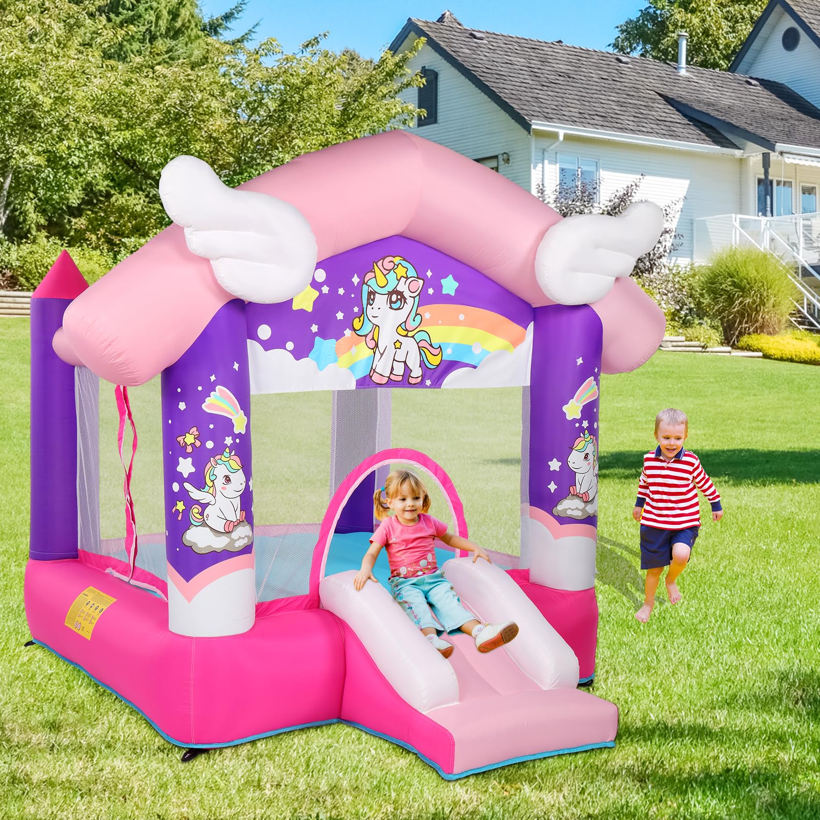 JOYMOR Unicorn Princess Inflatable Bounce House with Slide - Pink Kids Bouncy Castle for Indoor & Outdoor Play (Ages 3-6) | Birthday Parties, Backyard Fun, Summer Activities (Blower Included)