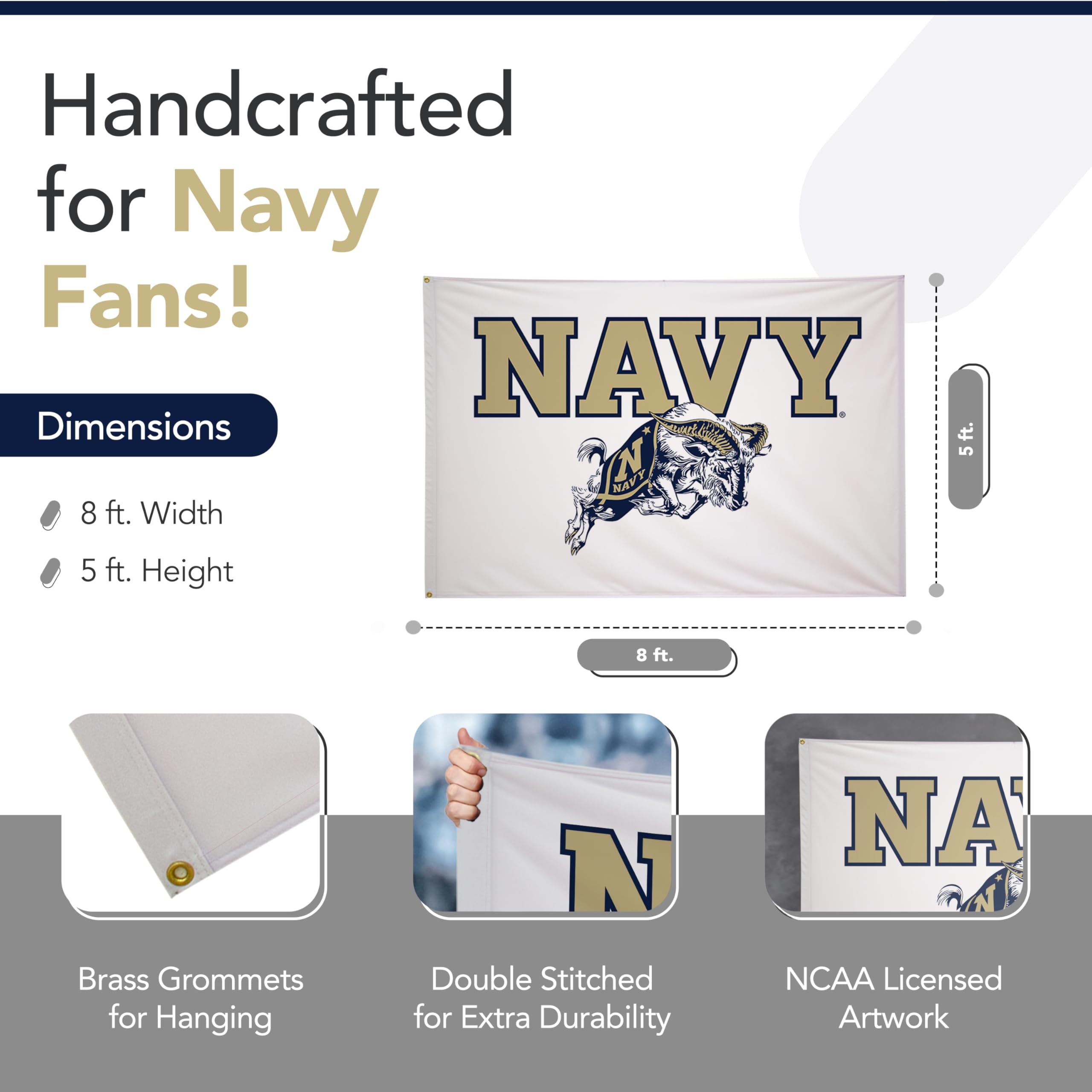 Navy Midshipmen 5' x 8' NCAA Licensed Nylon College Sports Flag - White, Gold & Navy Blue School Banner - Perfect for Game Day Decor, Tailgating & Dorm Room Wall Decor