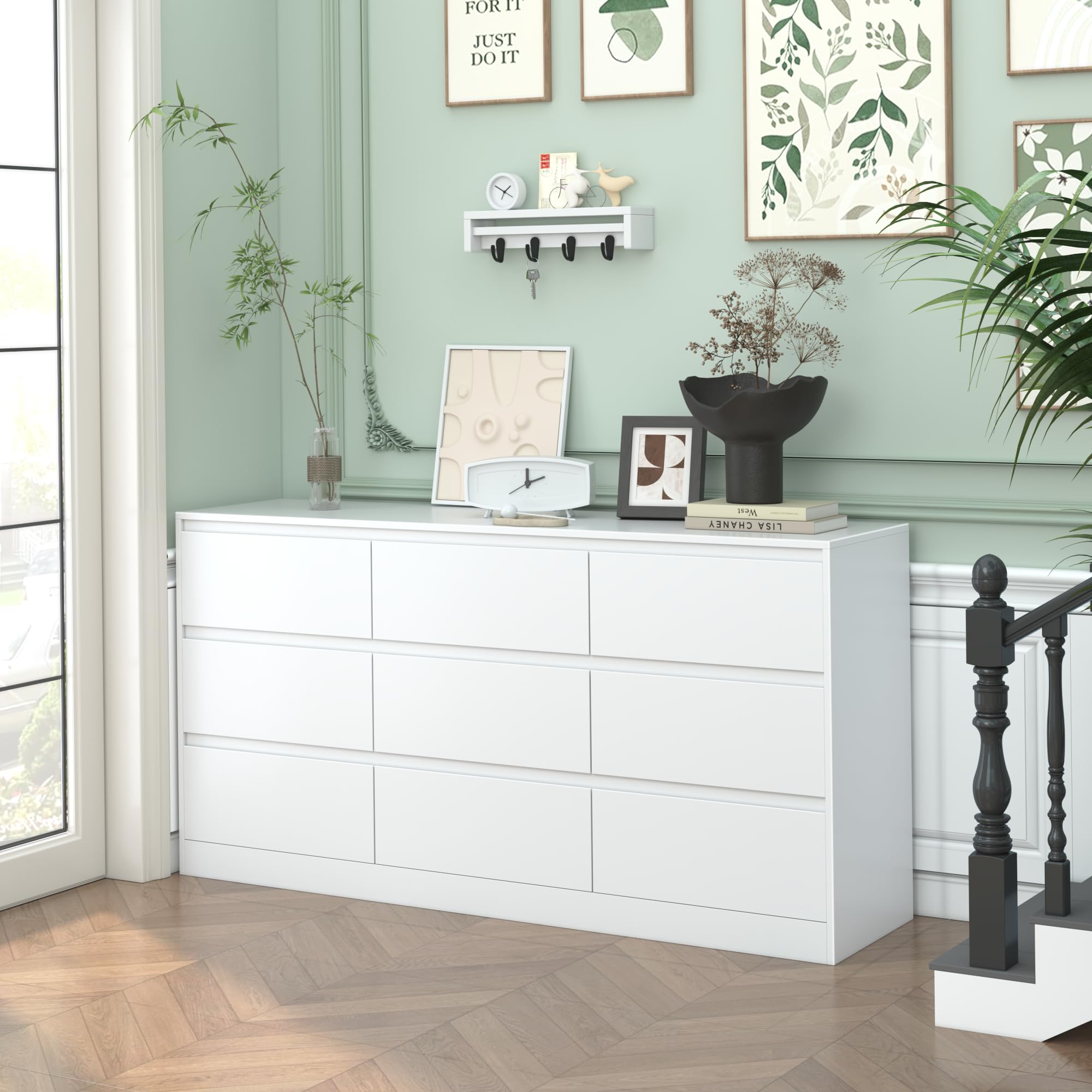 Large 9-Drawer Dresser for Bedroom - Wide White Dresser with Deep Storage Drawers - Perfect for Nursery, Living Room, Entryway & Hallway Organization