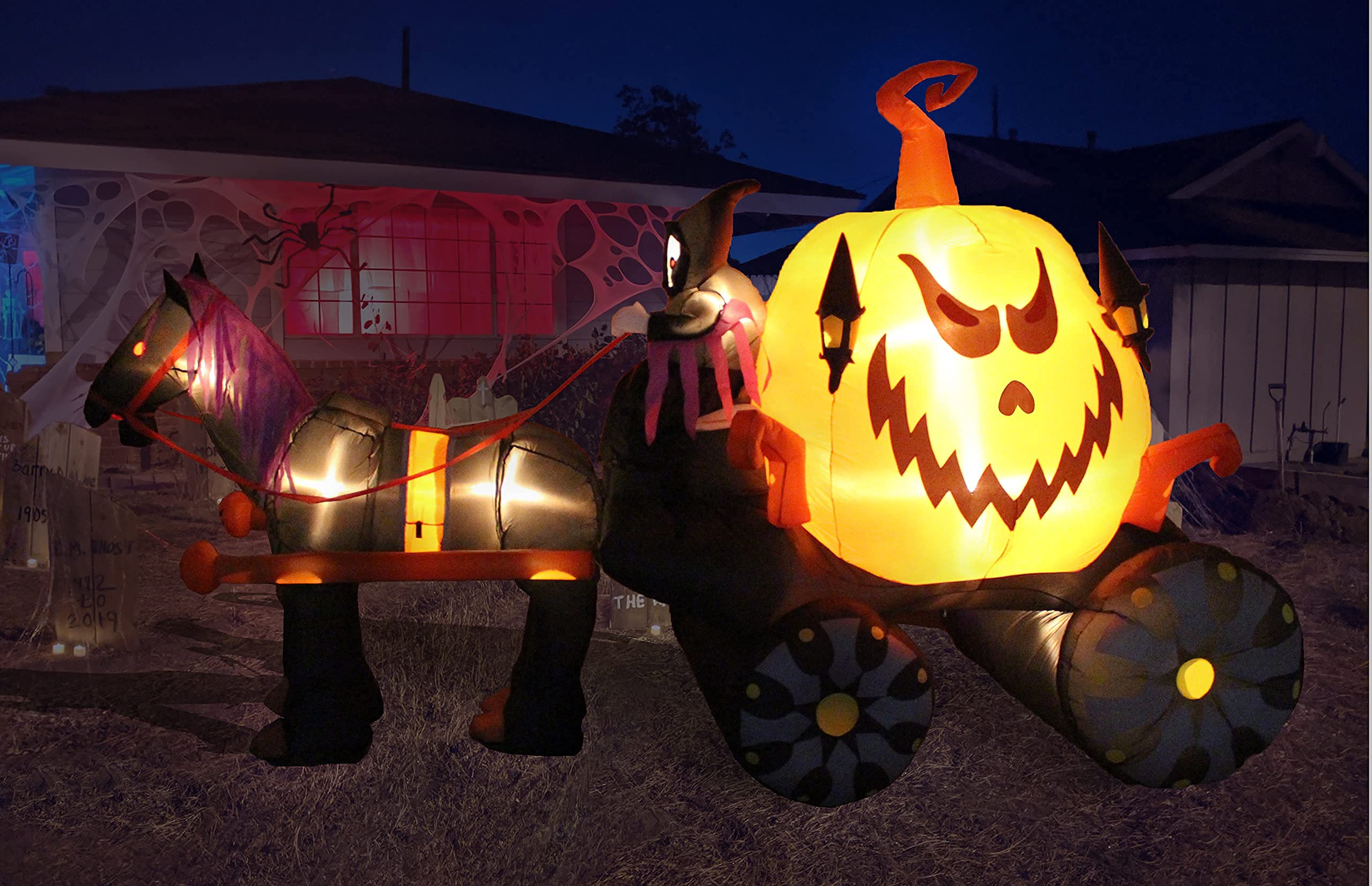 Halloween Party Decorations Bundle - 11ft Animated Inflatable Black Cat & 11.5ft Inflatable Grim Reaper with Pumpkin Carriage - Outdoor Yard Decor for Halloween Night, Spooky Party, Haunted House Theme