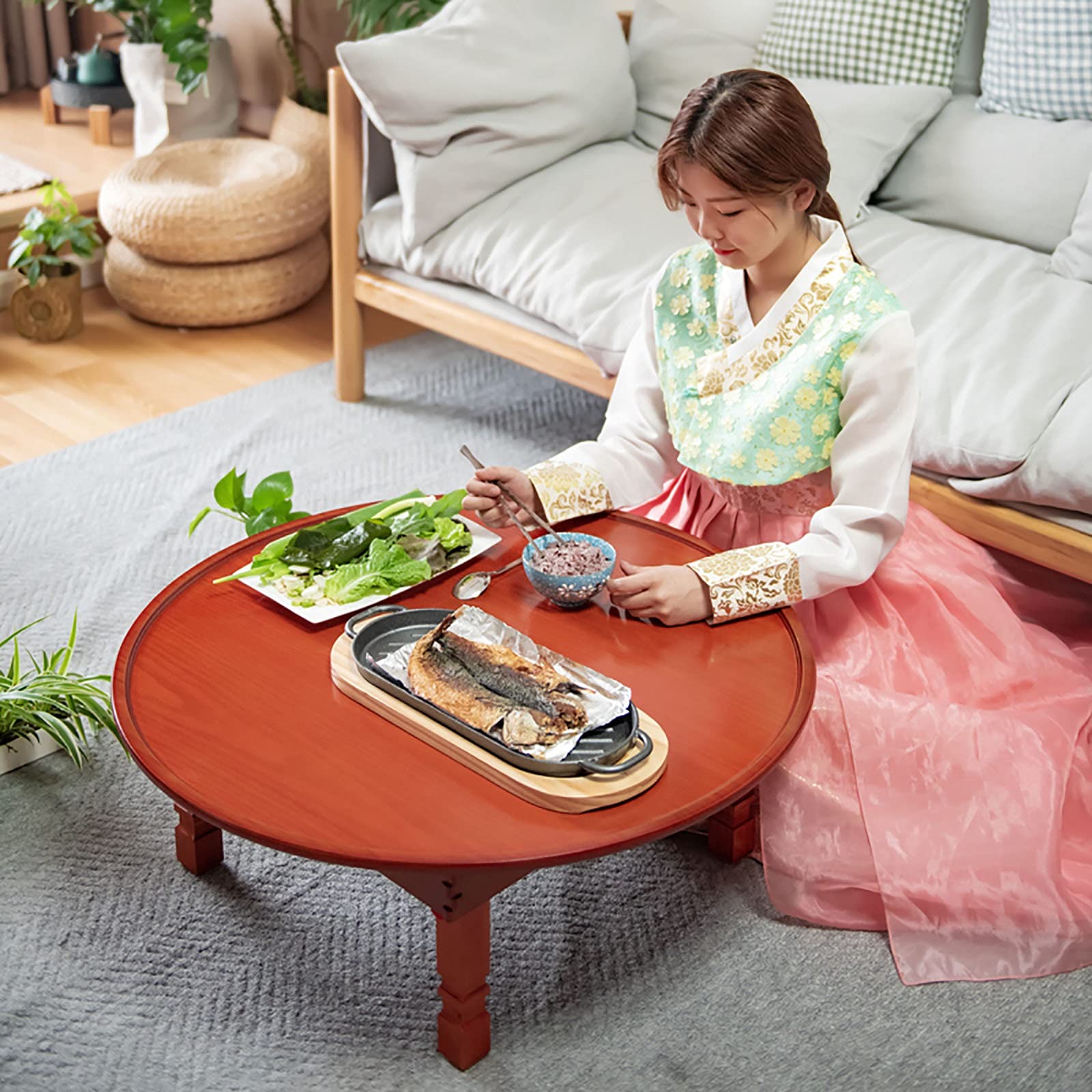 Foldable Round Wooden Table - Korean Style Printed Dining, Coffee, Study & Low Table for Tatami, Bay Window & Tea House (60cm) - Perfect for Small Spaces, Asian Decor & Zen Living Rooms