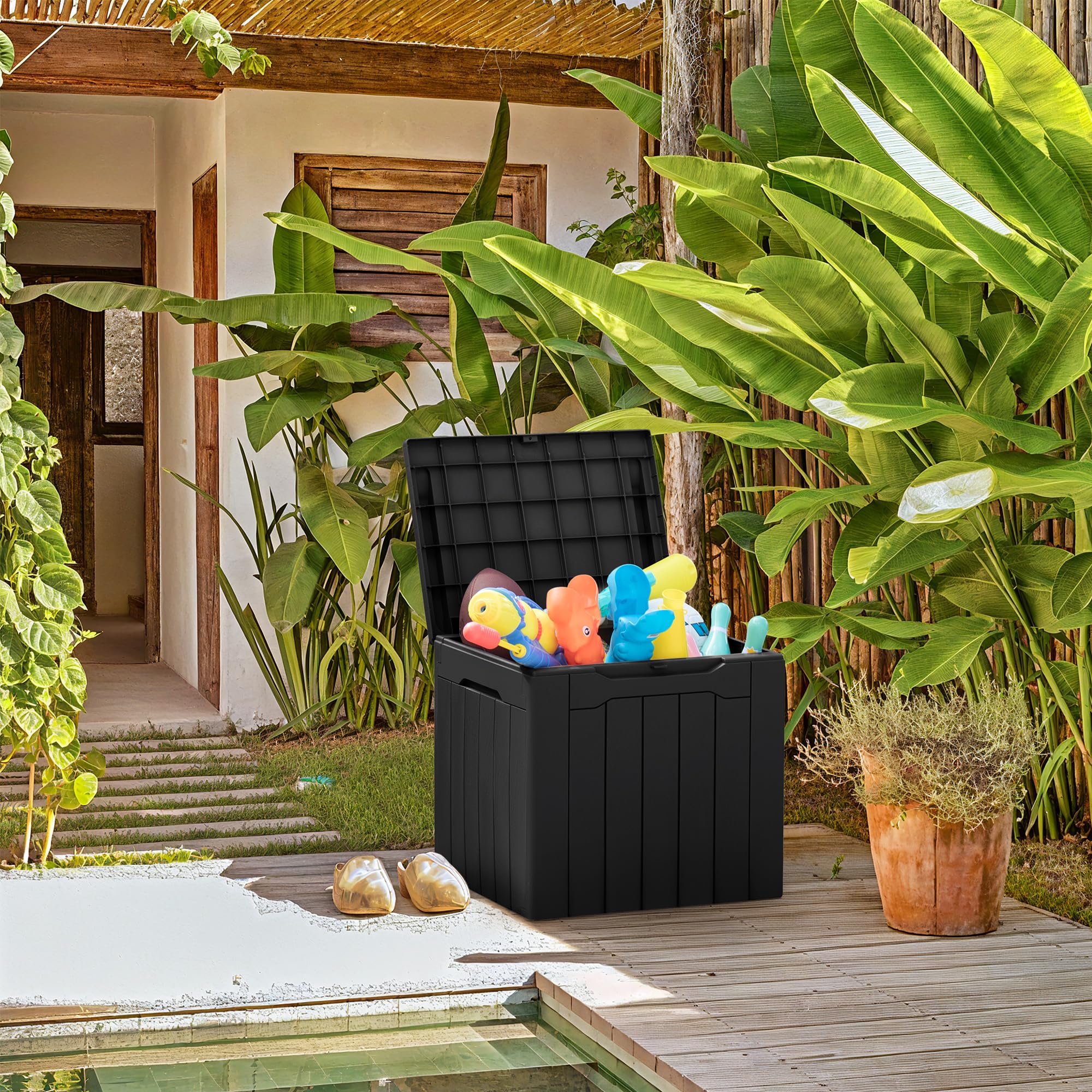 Greesum 31 Gallon Outdoor Deck Box - All Weather Waterproof Storage Container for Patio Furniture, Cushions, Pool Toys & Package Deliveries - Durable Black Deck Storage Box for Backyard, Garden & Poolside Use