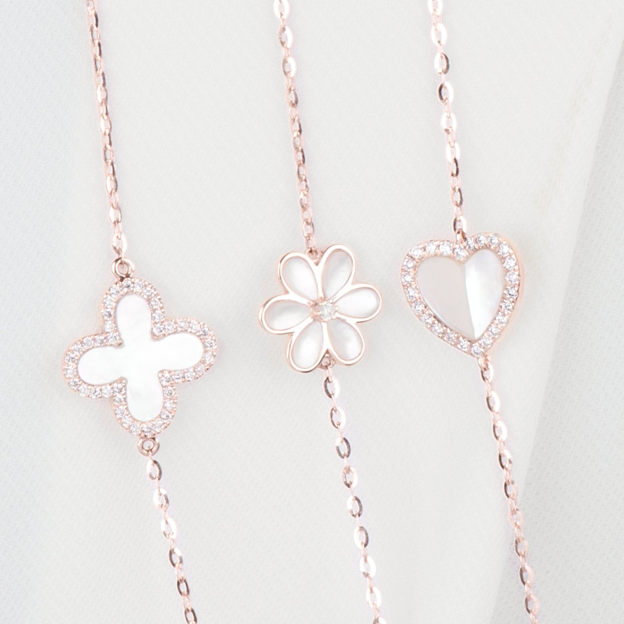 14k Rose Gold Mother of Pearl Flower Necklace with Diamonds - Elegant Station Pendant for Women, Perfect for Weddings, Anniversaries & Special Occasions