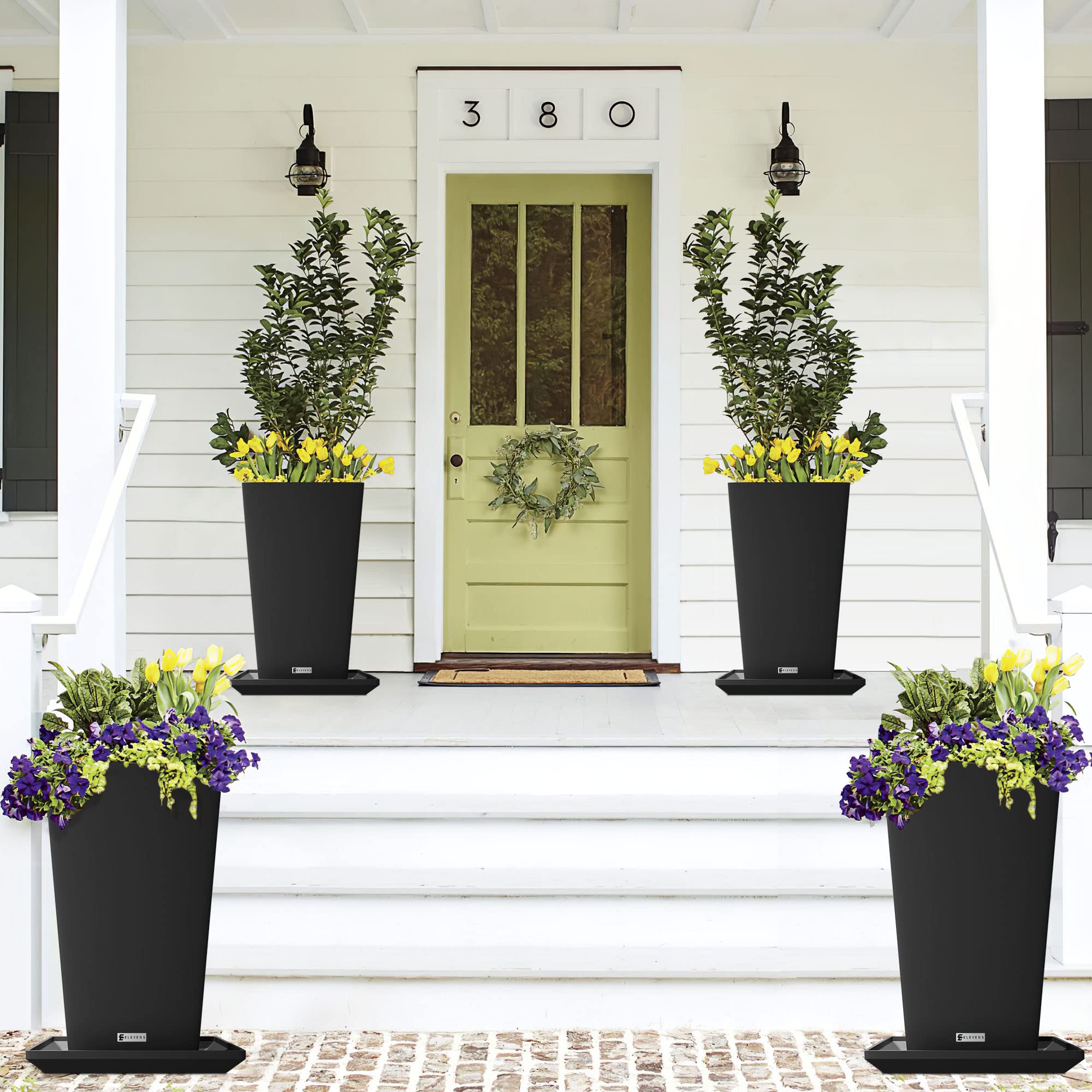 Elevens 29 Inch Tall Tapered Square Planters - 2 Pack Large Indoor/Outdoor Garden Flower Pots with Drainage Tray - Perfect for Patio, Balcony, Living Room & Office Decor (Black)