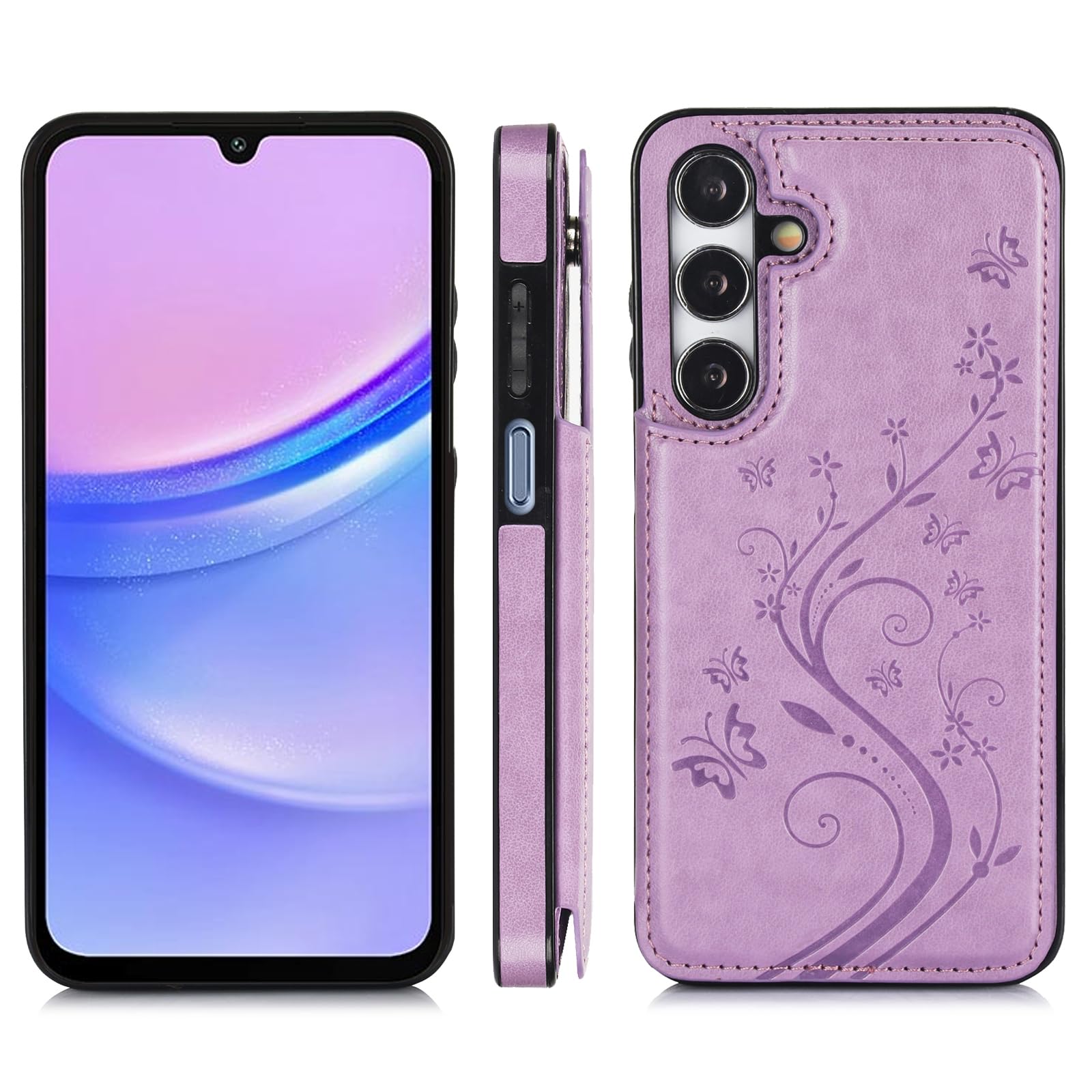 Premium Leather Flip Wallet Case for Samsung Galaxy A15 5G/4G (SM-A156B/A155F) with Tempered Glass Screen Protector & Card Holder - Stand Feature for Hands-Free Viewing - Stylish Purple Unisex Design for Men & Women - Perfect for Work, Travel & Daily Protection