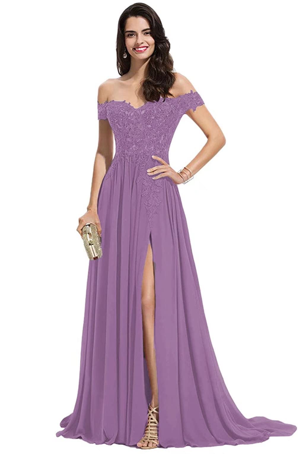 BTgirl Women's Off Shoulder Long Prom Dresses with Split Lace Appliques Chiffon V Neck Formal Evening Gowns - Elegant Homecoming, Wedding Guest & Special Occasion Gowns
