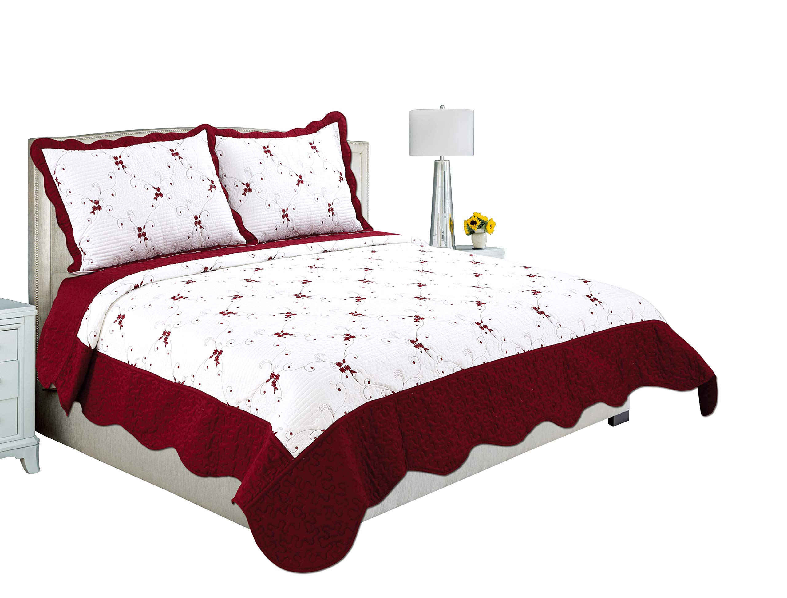 Ultra Soft 3-Piece Burgundy Floral Quilt Set with Embroidered Stitching - California King Size Bedspread & 2 Quilted Shams | Perfect for Summer Bedding, Guest Room Decor & Coastal Home Styling