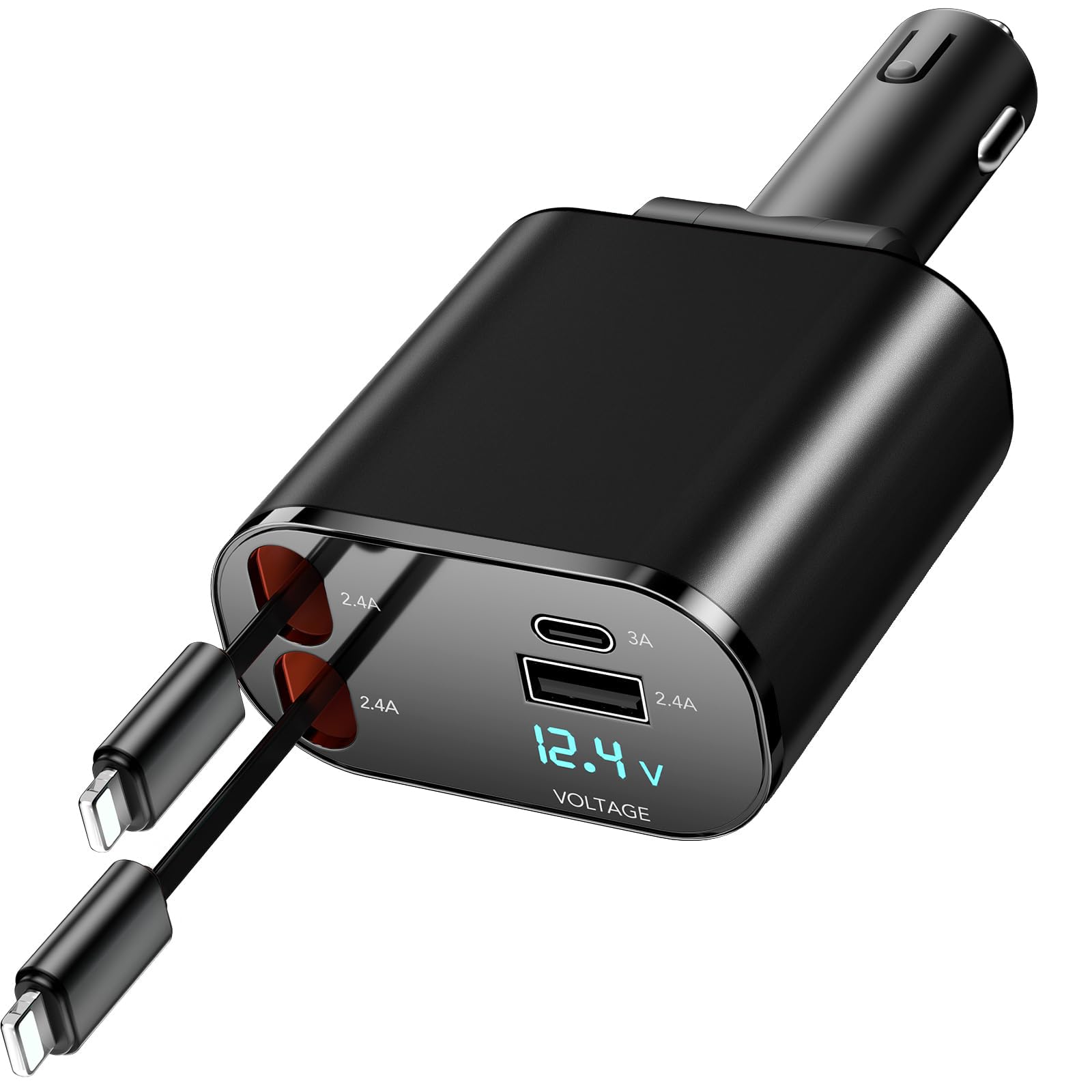 60W 4-in-1 Retractable Car Charger with Fast Charging & 2 USB Ports - Compatible with iPhone 15/14/13/12/11 Pro Max, Galaxy S23, Pixel - Perfect for Road Trips & Daily Commuting