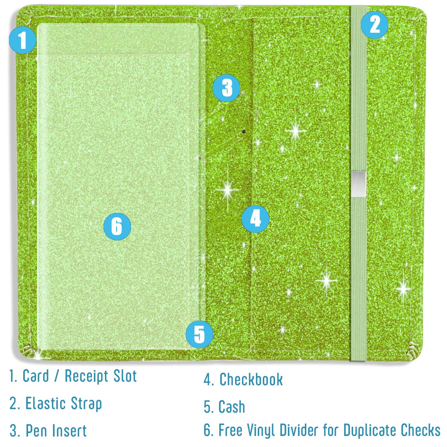 Sparkly Glitter Checkbook Cover for Women & Girls - Bling PU Leather RFID Blocking Checkbook Case with Pen Holder & Elastic Strap - Fits Top/Side Tear Checks - Green | Perfect for Gift, Office & Daily Finance Organization