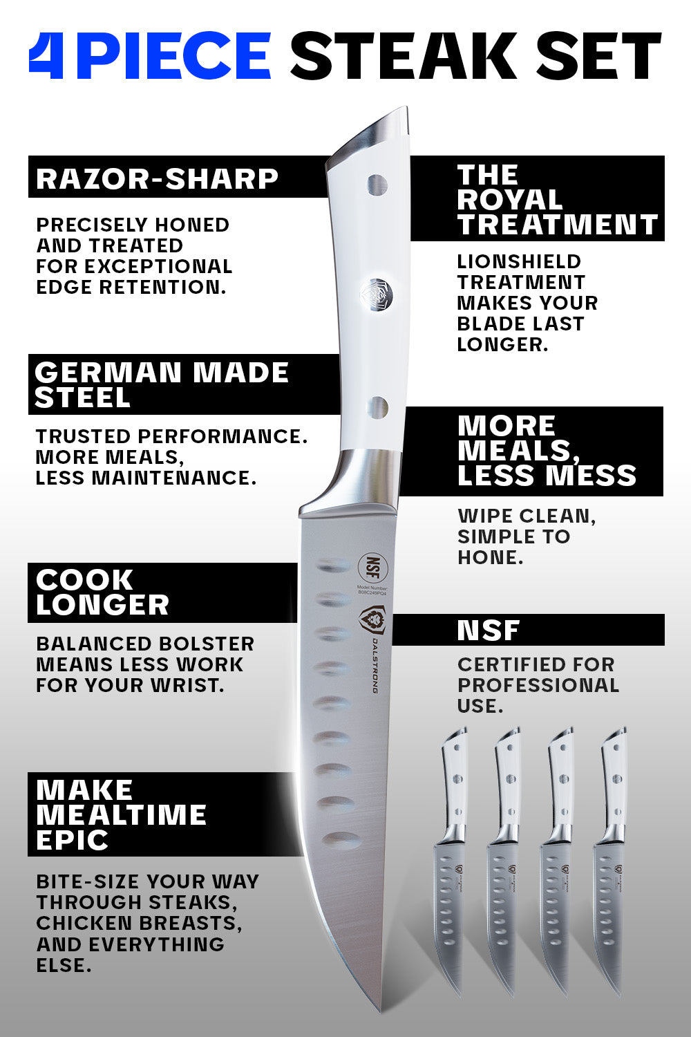 4-Piece Straight Edge Steak Knife Set with White ABS Handles - Dalstrong Gladiator Series | Premium Steak Knives for Home Dining, BBQ & Restaurant Use