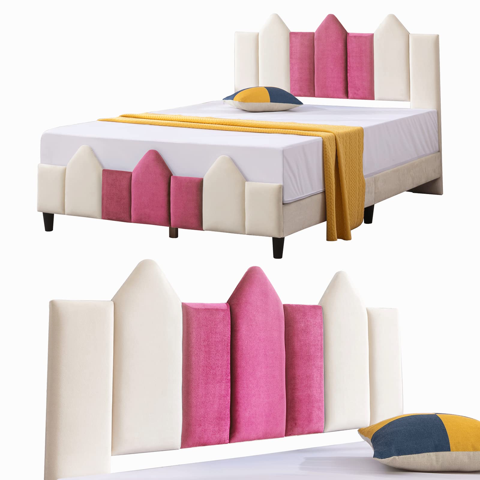 **Full Size Kids Bed Frame with Headboard - Upholstered Platform Bed for Girls & Teens, No Box Spring Needed, Easy Assembly (Pink/White) - Perfect for Bedrooms, Dorms & Playrooms**