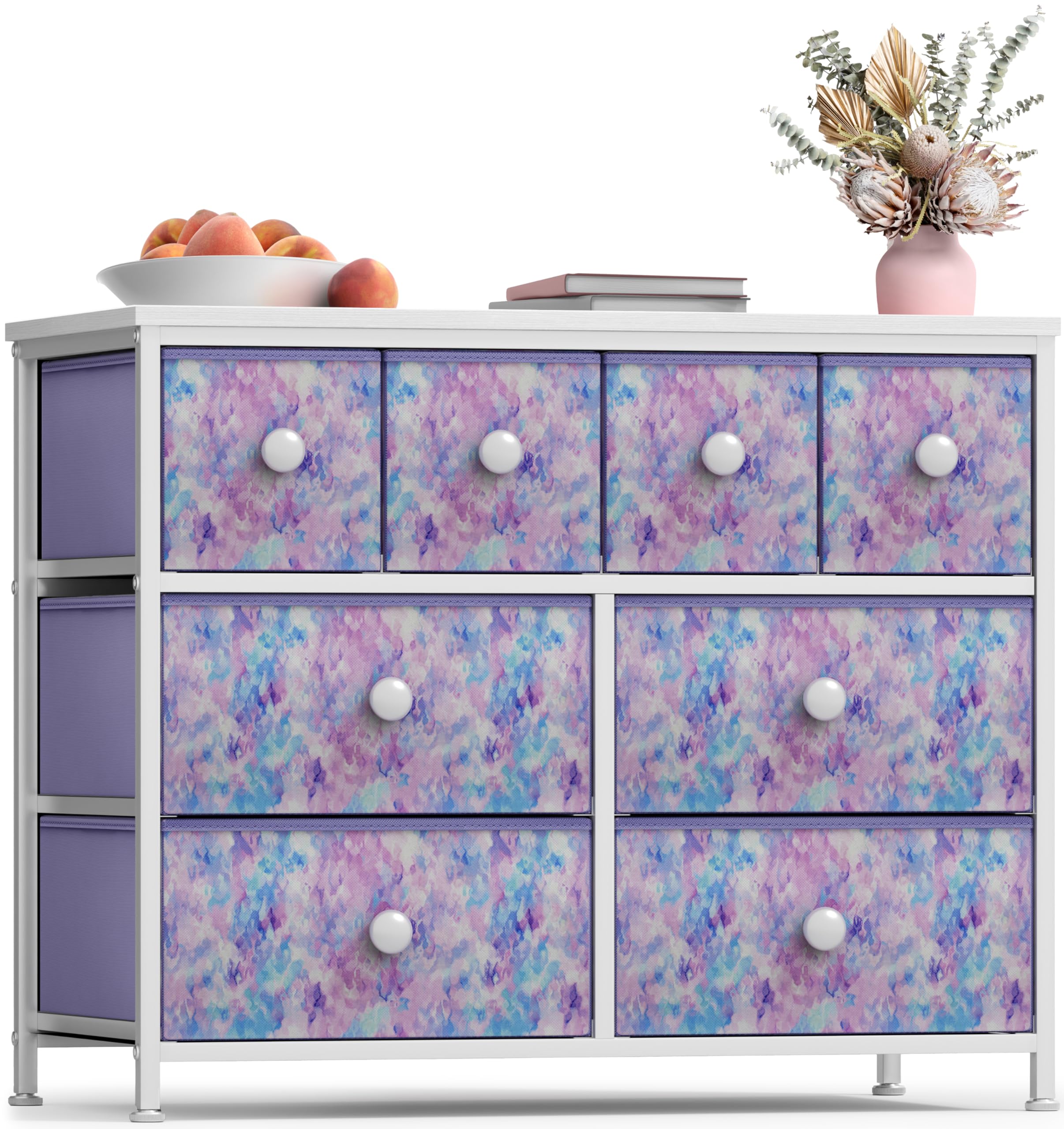 Sorbus 8-Drawer Fabric Dresser for Kids - Sturdy Steel Frame Storage Tower with Fabric Bins, Tie-Dye Purple Knob Handle | Perfect for Bedroom, Nursery, Playroom & Closet Organization