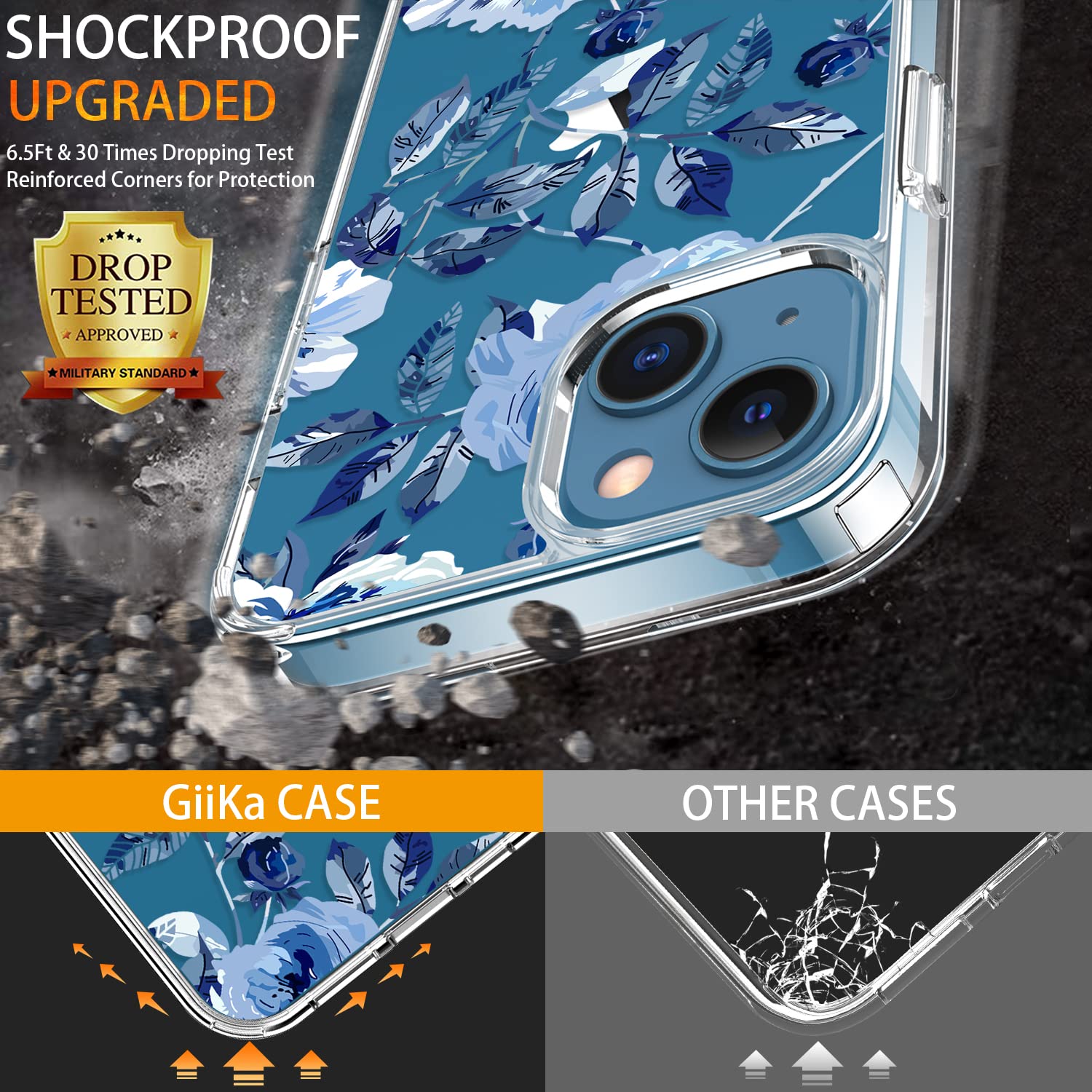 GiiKa iPhone 13 Mini Case with Screen Protector - 5.4 Inch Clear Shockproof Protective Hard Case with TPU Bumper Cover - Floral Design for Women & Girls - Blue Flowers - Perfect for Everyday Use, Travel & Outdoor Activities