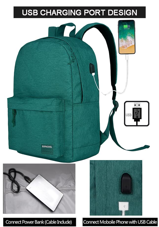 SUPACOOL Lightweight Laptop Backpack for Men & Women - College Backpack with USB Charging Port (Green) - Perfect for Work, School & Travel