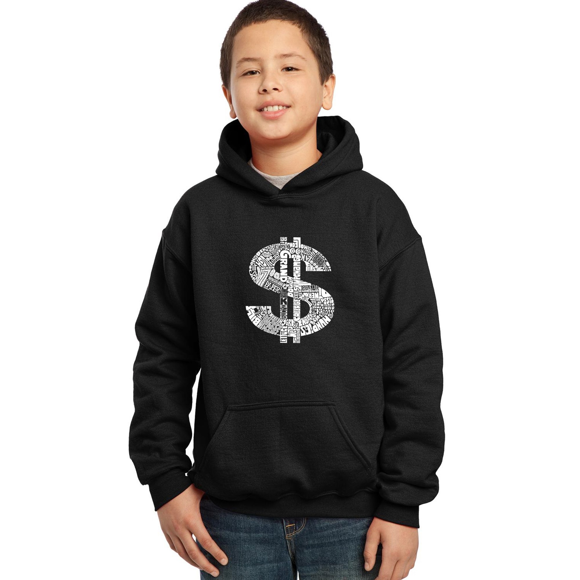 LA POP ART Boys' Word Art Hooded Sweatshirt - Trendy Dollar Sign Graphic Pullover for Teens | Streetwear Fashion, Casual Outfit, Gift for Boys