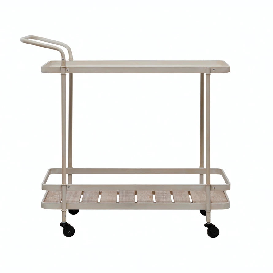 Stylish Metal Two-Tier Bar Cart with Fir Wood Slatted Shelf - Perfect for Home Bar, Kitchen Storage & Outdoor Entertaining