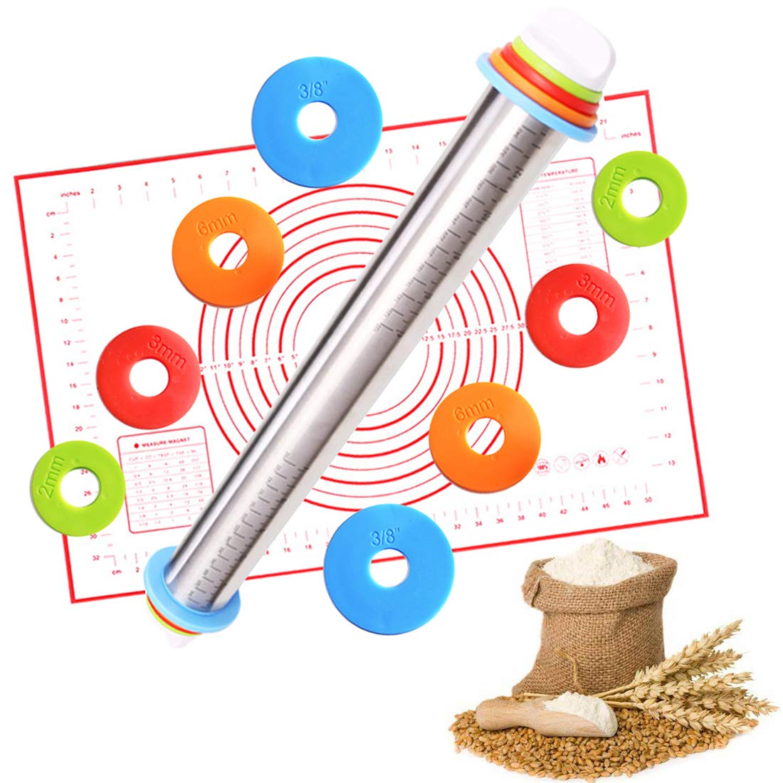 Stainless Steel Rolling Pin with Spacer, 4 Adjustable Discs & Guide, Non-Stick, Silicone Baking Mat for Bread, Cakes, Pasta & Pastry Dough – Perfect for Home Baking, Pizza Making & Cookie Preparation