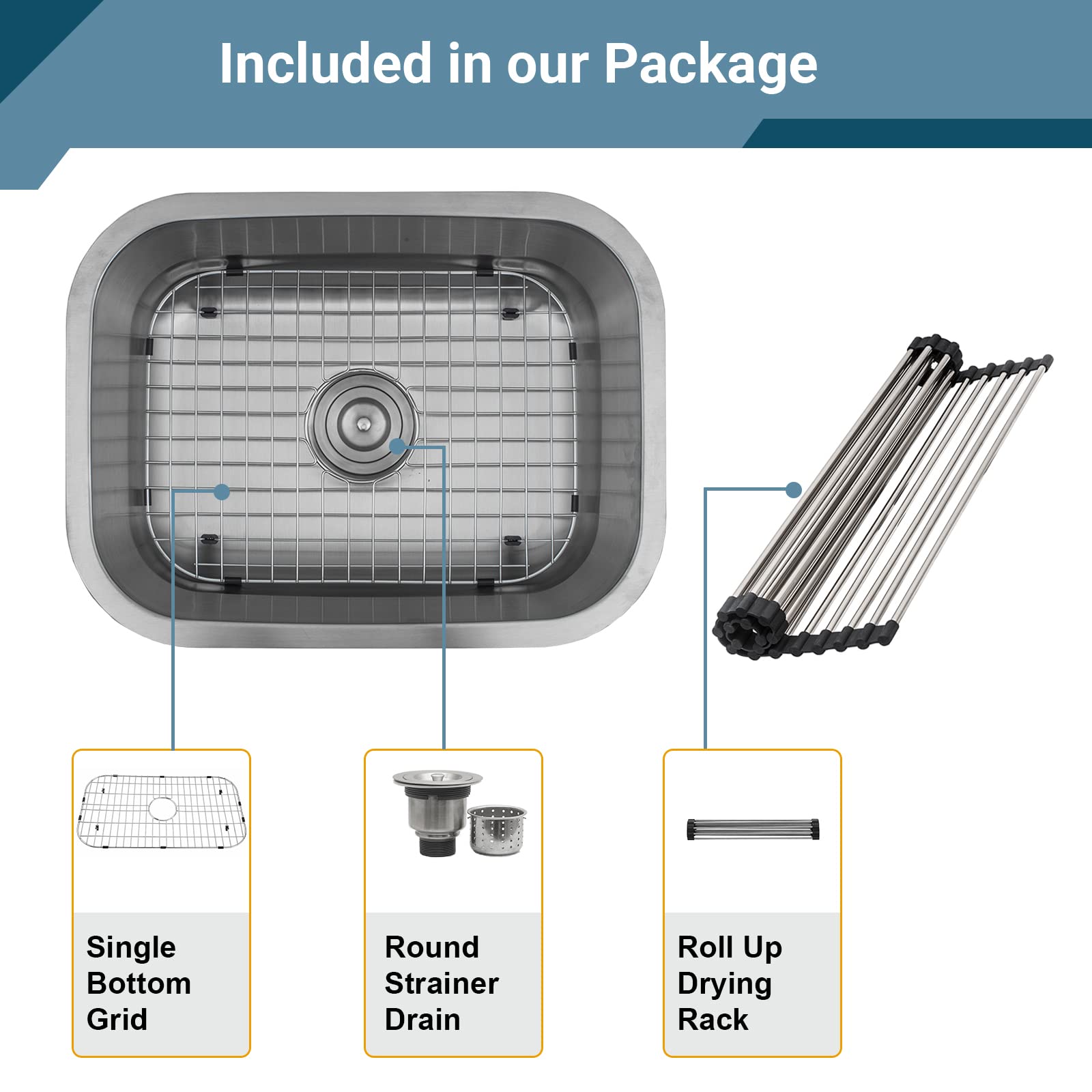 Strictly Sinks 23-Inch Undermount Single Bowl Kitchen Sink - 18 Gauge Stainless Steel with Round Drain, Strainer, Dish Drying Rack & Bottom Grid - Perfect for Modern Kitchens, Restaurant Prep & Dishwashing