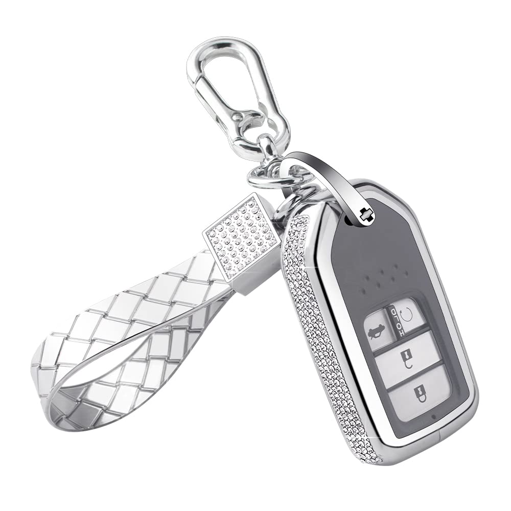 Honda Key Fob Cover for Accord, Civic, CRV, Pilot, Odyssey - Bling Crystal Zinc Alloy Car Remote Case (Silver) | Perfect Keychain Accessory for Protection & Style