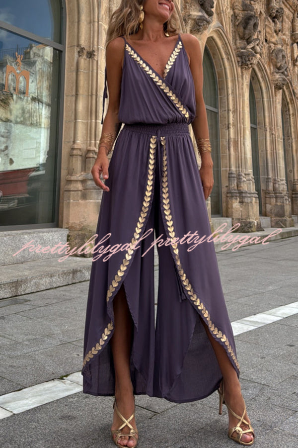 Tamia Gold Trim Elastic Waist Slit Wide Leg Slip Jumpsuit for Women - Comfortable & Stylish Lounge & Evening Wear - Perfect for Parties, Date Nights & Special Occasions