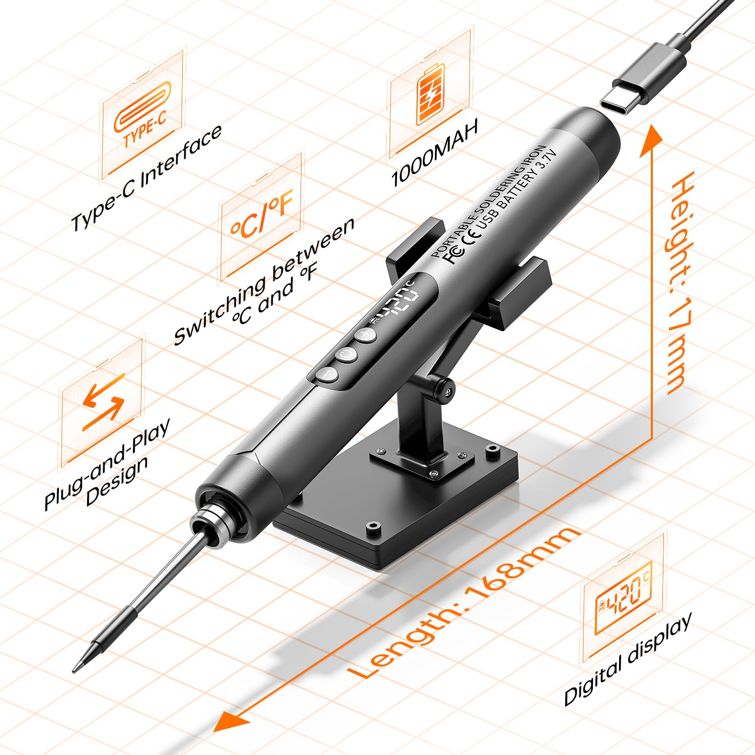 Cordless USB Rechargeable Soldering Iron Kit with Digital Display & Temperature Control - Includes Soldering Iron, Stand, Wire, Tin Absorber, Rosin & Storage Box - Perfect for DIY Electronics, Home Repairs & Hobby Projects