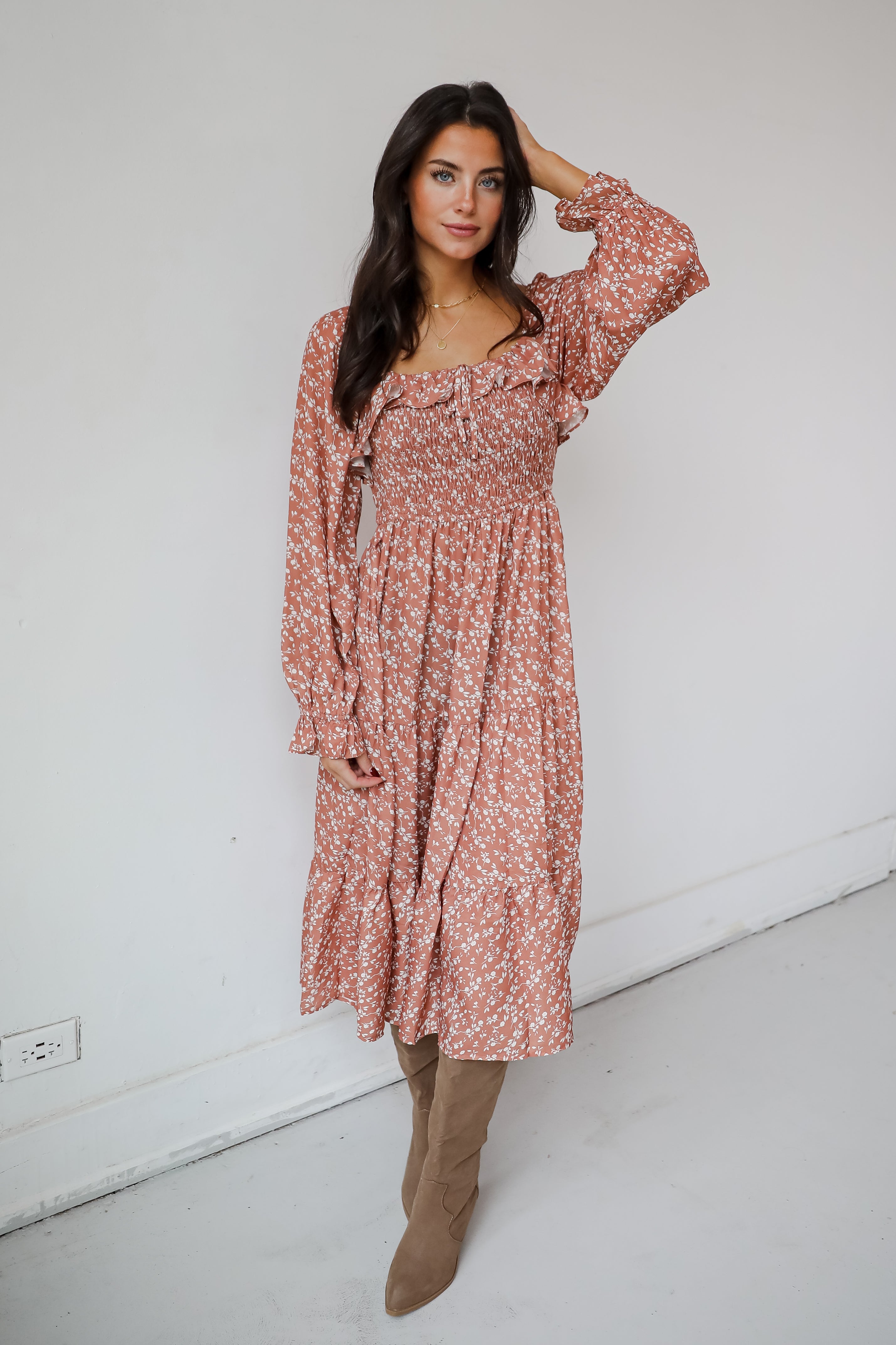 Elevated Rust Floral Midi Dress for Women - Elegant Wedding Guest & Cocktail Party Dress - Perfect for Bridal Showers, Garden Parties & Formal Events