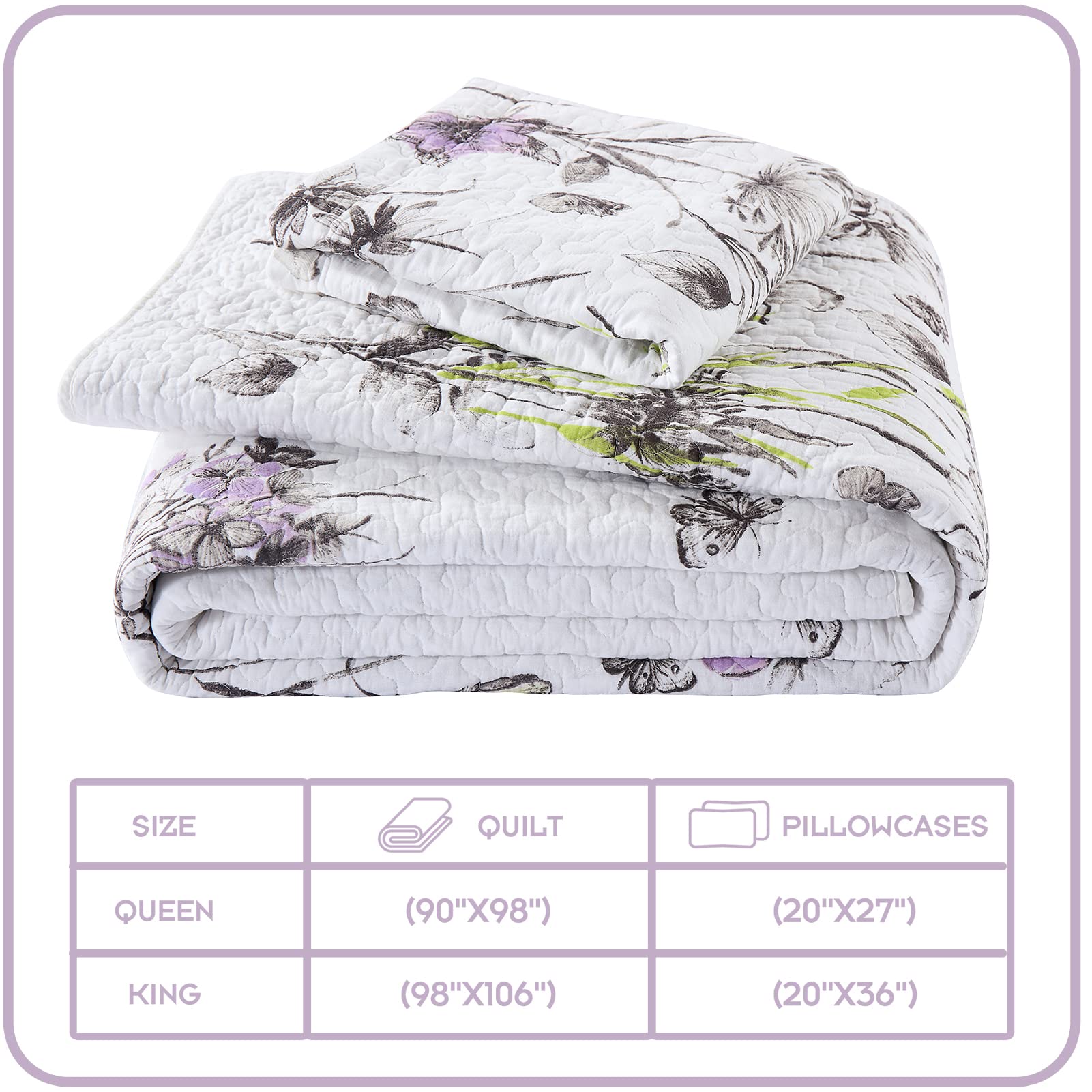 Y-PLWOMEN 100% Cotton King Size Floral Quilt Set - White Purple Lightweight Soft Bedspread for All Seasons (3-Piece) | Perfect for Master Bedroom, Guest Room & Cozy Home Decor