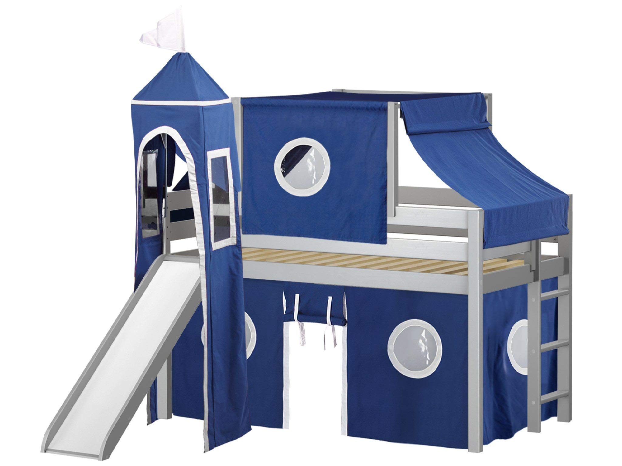 JACKPOT! Twin Size Gray Castle Low Loft Bed with Slide - Blue & White Play Tent & Tower for Kids | Perfect for Bedrooms, Playrooms & Imaginative Play