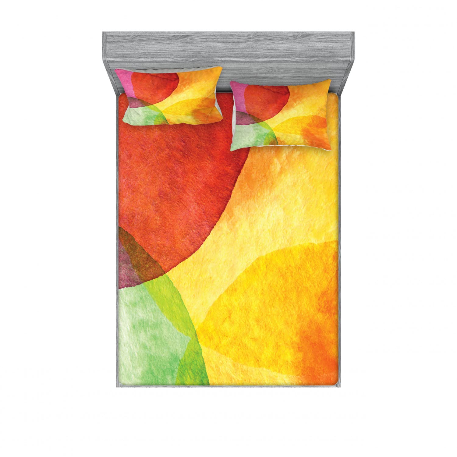 Ambesonne Modern Watercolor Abstract King Size 2-Pack Fitted Sheet & 4-Piece Pillow Sham Set - Yellow Orange Lime Green Geometric Bedding for Contemporary Home Decor | Perfect for Guest Rooms, Master Bedrooms & Bohemian Style Interiors