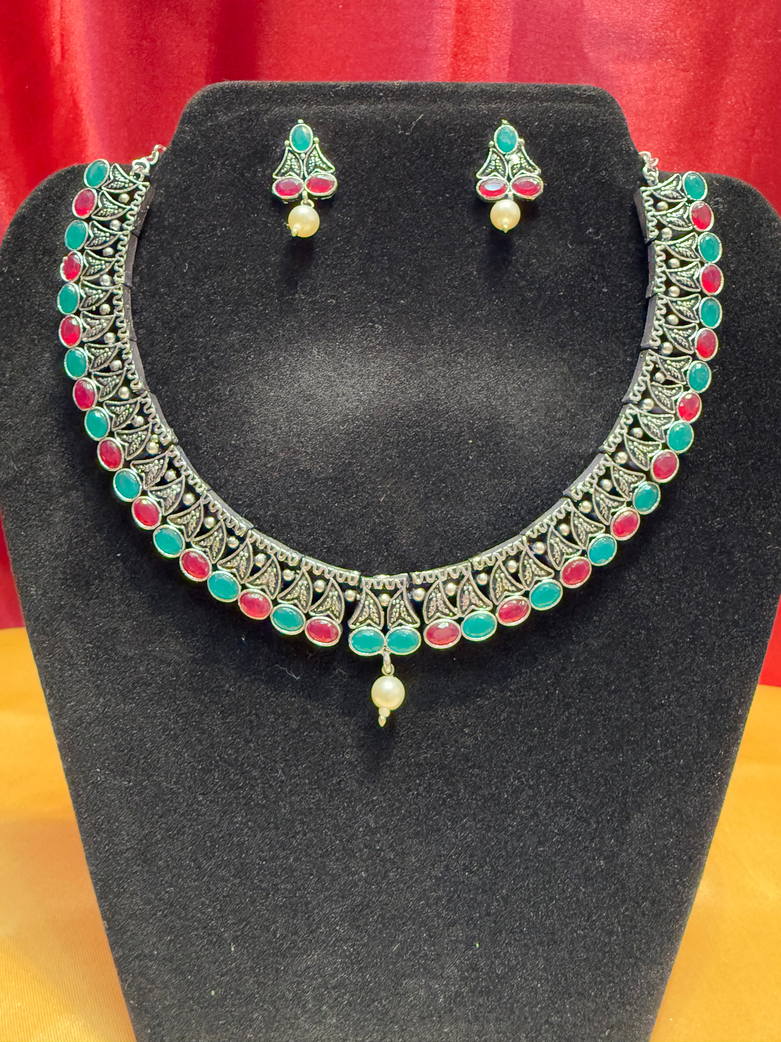 Oxidized Silver Multicolor Pearl Pendant Necklace & Earrings Set for Women - Elegant Jewelry Gift for Wedding, Party & Special Occasions