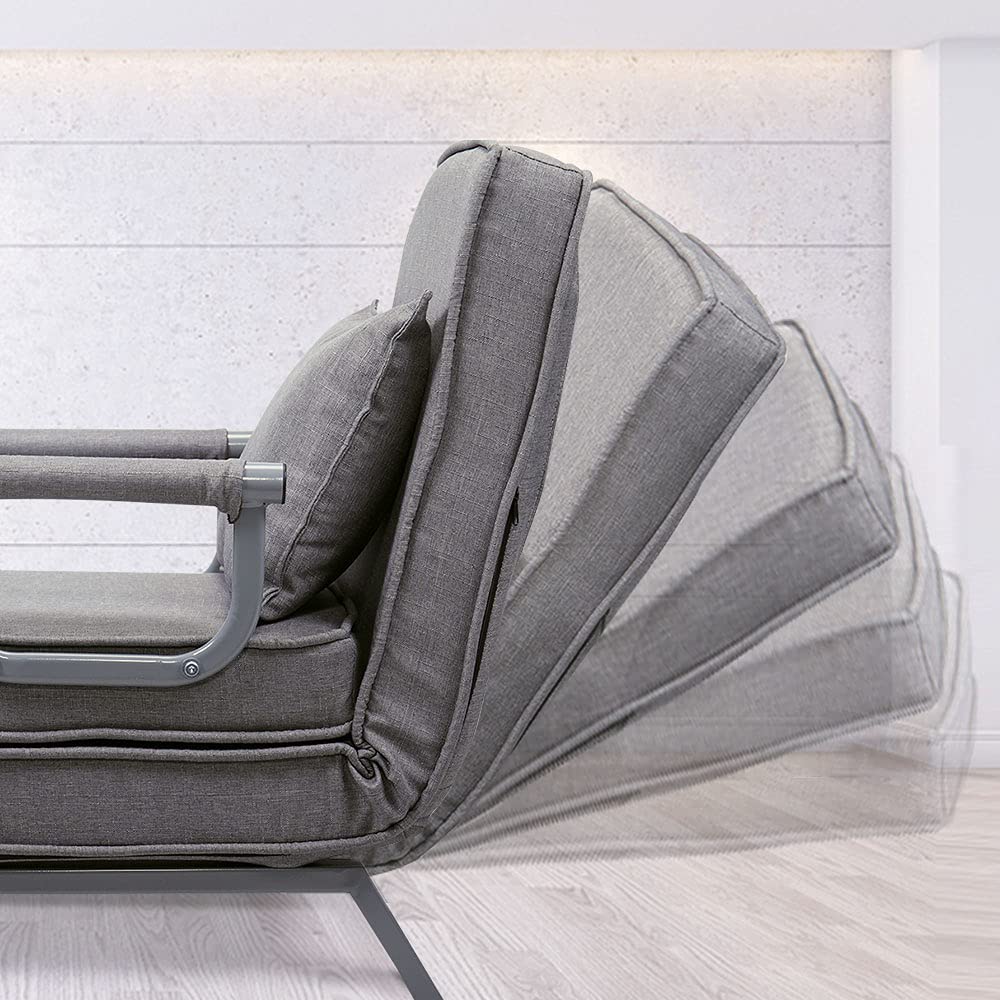 Convertible Sofa Bed Folding Arm Chair - 5-Position Adjustable Recliner Lounge Sleeper with Pillow for Home, Office, Apartment - Perfect for Small Spaces, Guest Rooms & Relaxation (Gray)