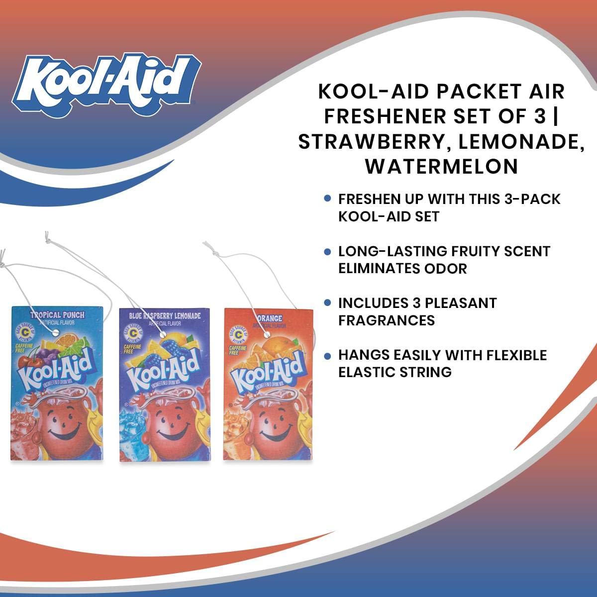 Kool-Aid Packet Car Air Freshener Set of 3 - Tropical Punch, Blue Raspberry & Orange Scents | Long-Lasting Odor Eliminator for Car, Home & Office | Perfect for Road Trips, Work Spaces & Small Rooms