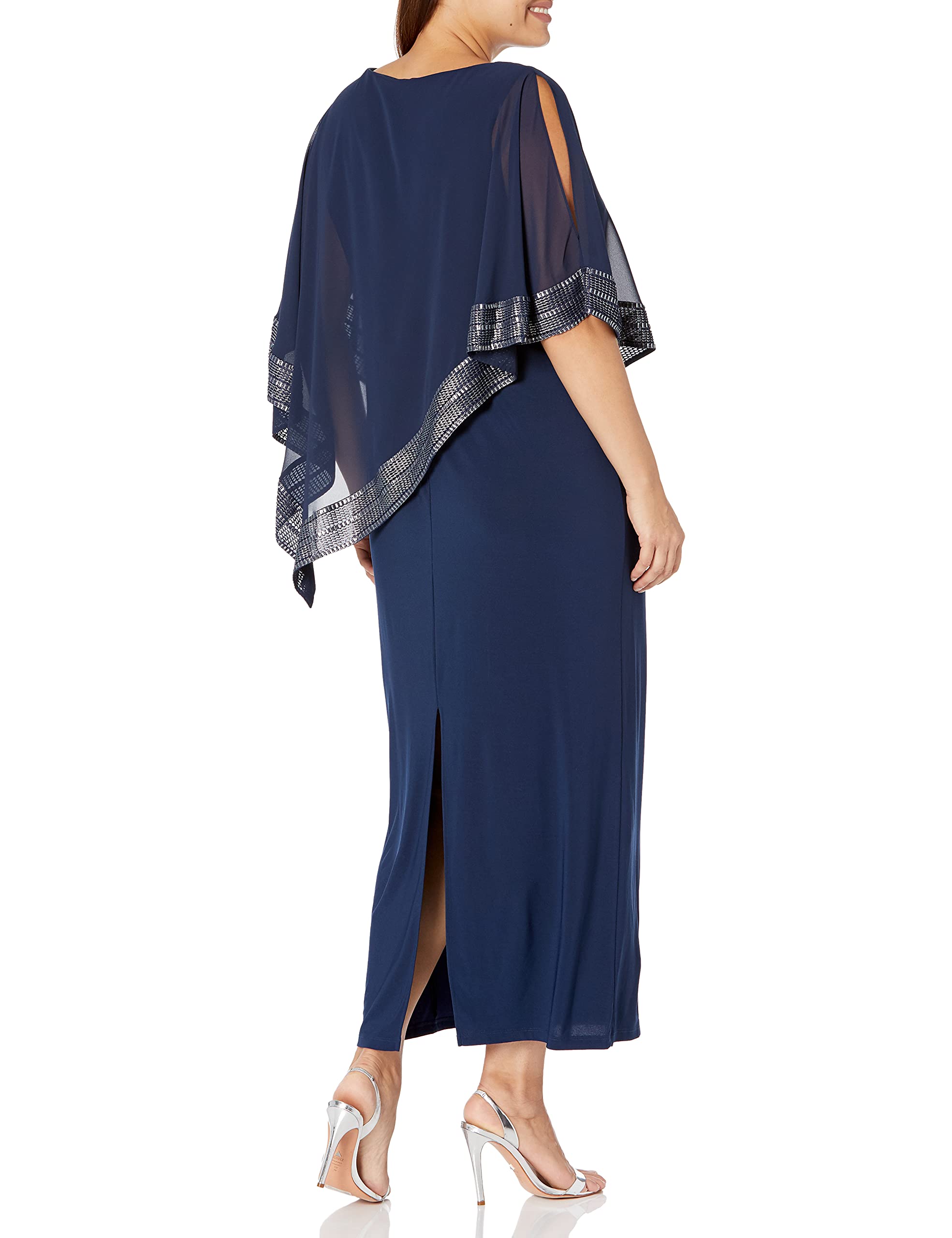 Women's Plus Size Long Cold Shoulder Capelet Dress with Metallic Trim | S.L. Fashions | Elegant Evening Wear for Weddings & Special Occasions