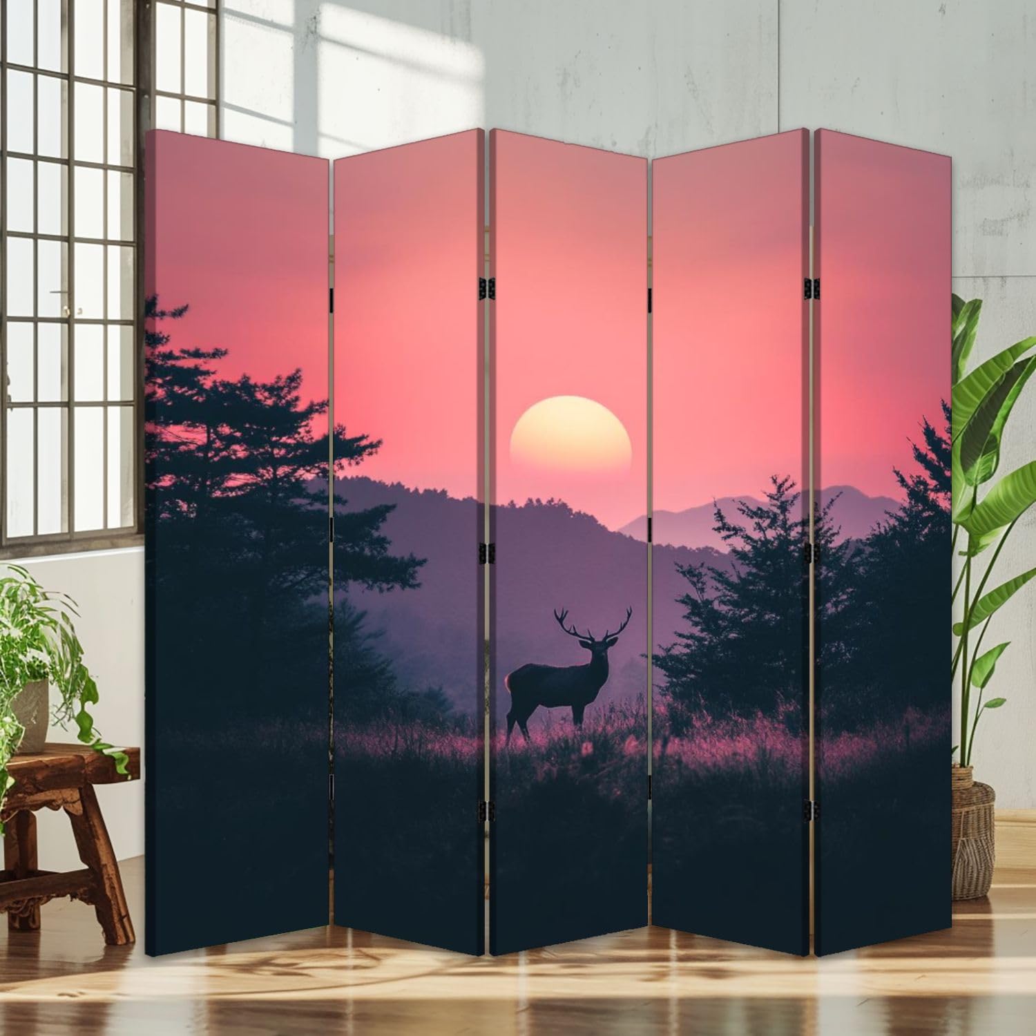 5-Panel Folding Room Divider with Deer Silhouette - Nature Inspired Canvas Screen for Home & Office - Freestanding Privacy Partition for Living Room, Bedroom, Yoga Studio & Workspace