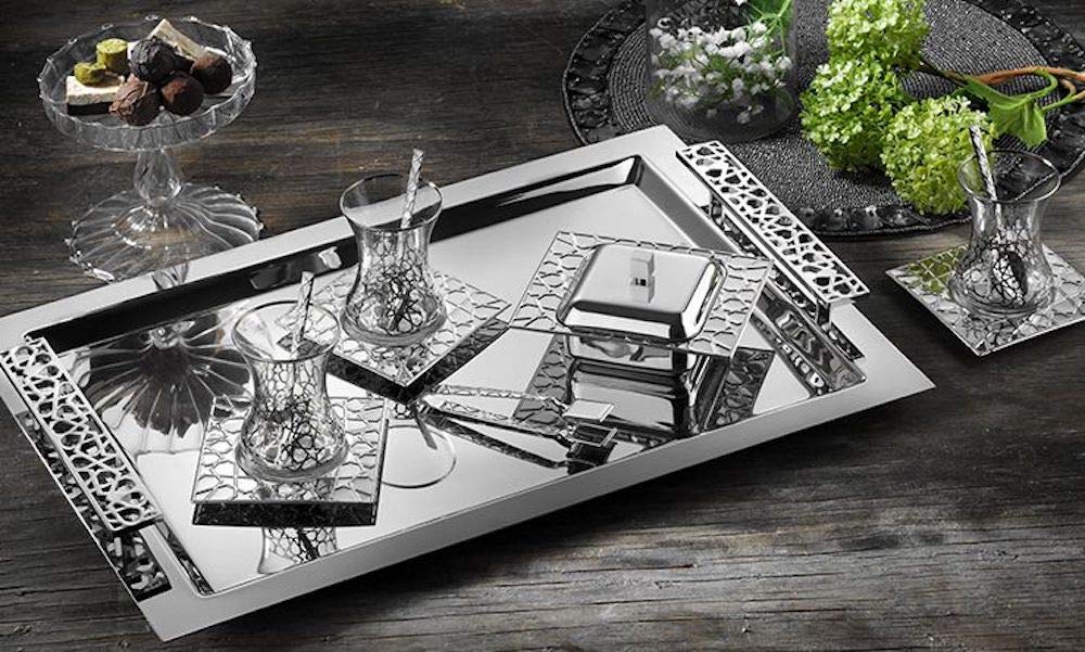 DEMMEX 12-Piece Luxury Turkish Tea Set with Glasses, Saucers, Spoons, Sugar Bowl, Lid, Tongs & Tray - 40-Piece Silver Tea Service Set for Afternoon Tea, Entertaining Guests, and Traditional Turkish Tea Ceremonies