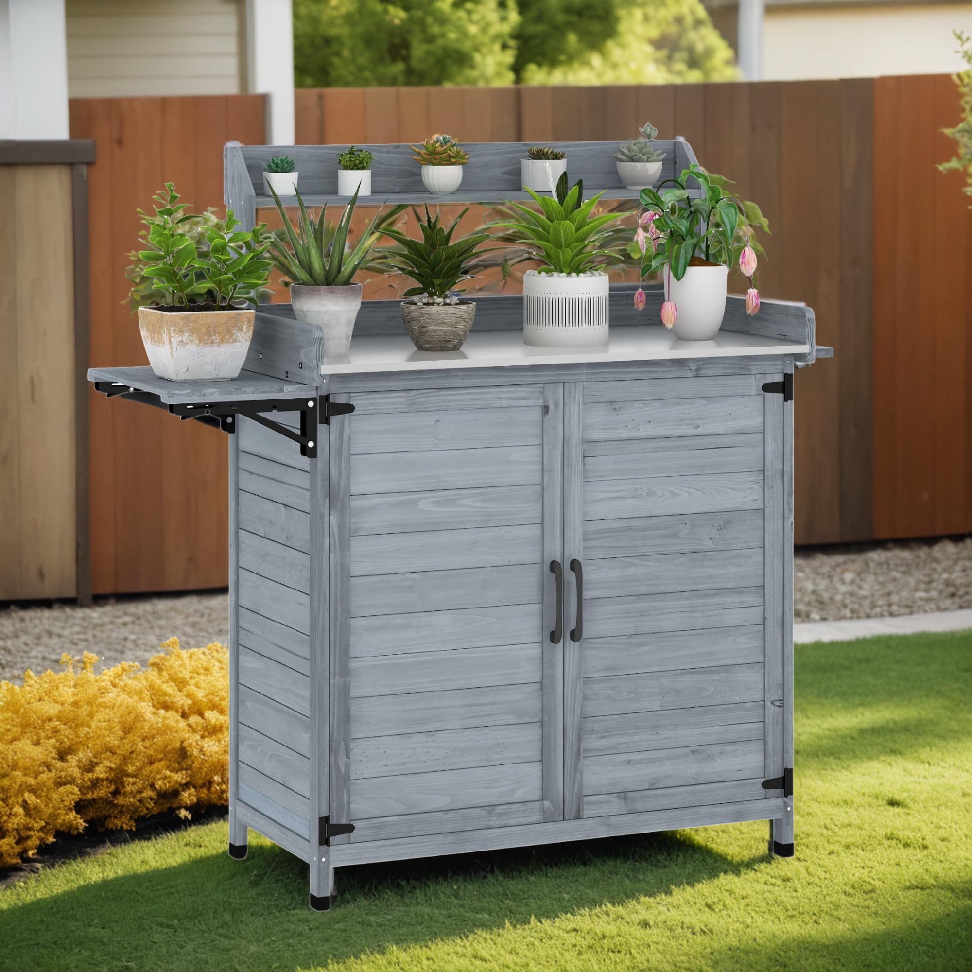 DWVO Solid Wood Outdoor Storage Box with Foldable Side Pallet & Galvanized Metal Tabletop - Multi-Functional Potting Bench & Garden Cabinet for Patio, Balcony, Porch - Perfect for Gardening, Storing Tools & Outdoor Relaxation (Grey)