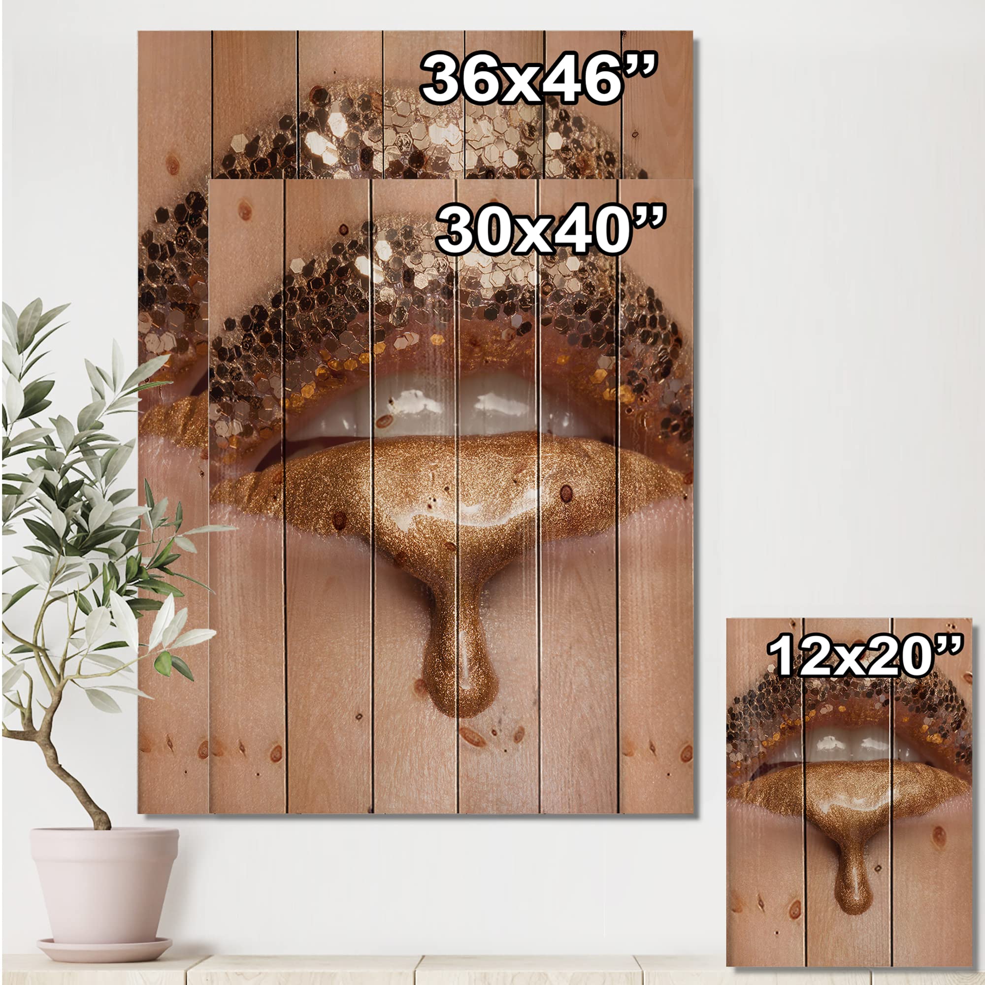 DesignQ Gold Liquid Lips Modern Wood Wall Art - Contemporary Large Wood Wall Decor Panels Printed on Natural Pine - Perfect for Living Room, Bedroom & Office Decor