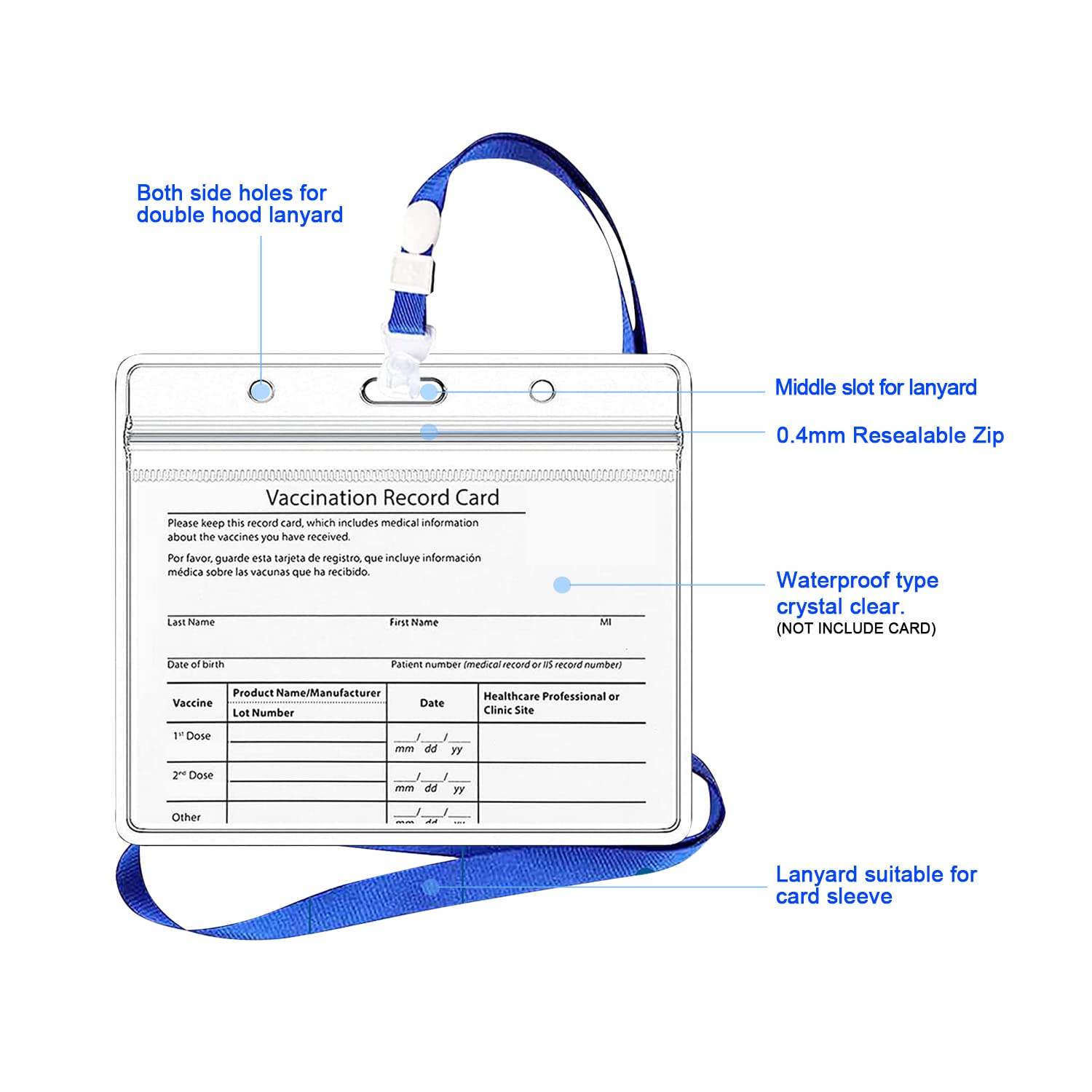 Waterproof CDC Vaccine Card Holder 3x4 with Lanyard - 20pcs for Travel & Events