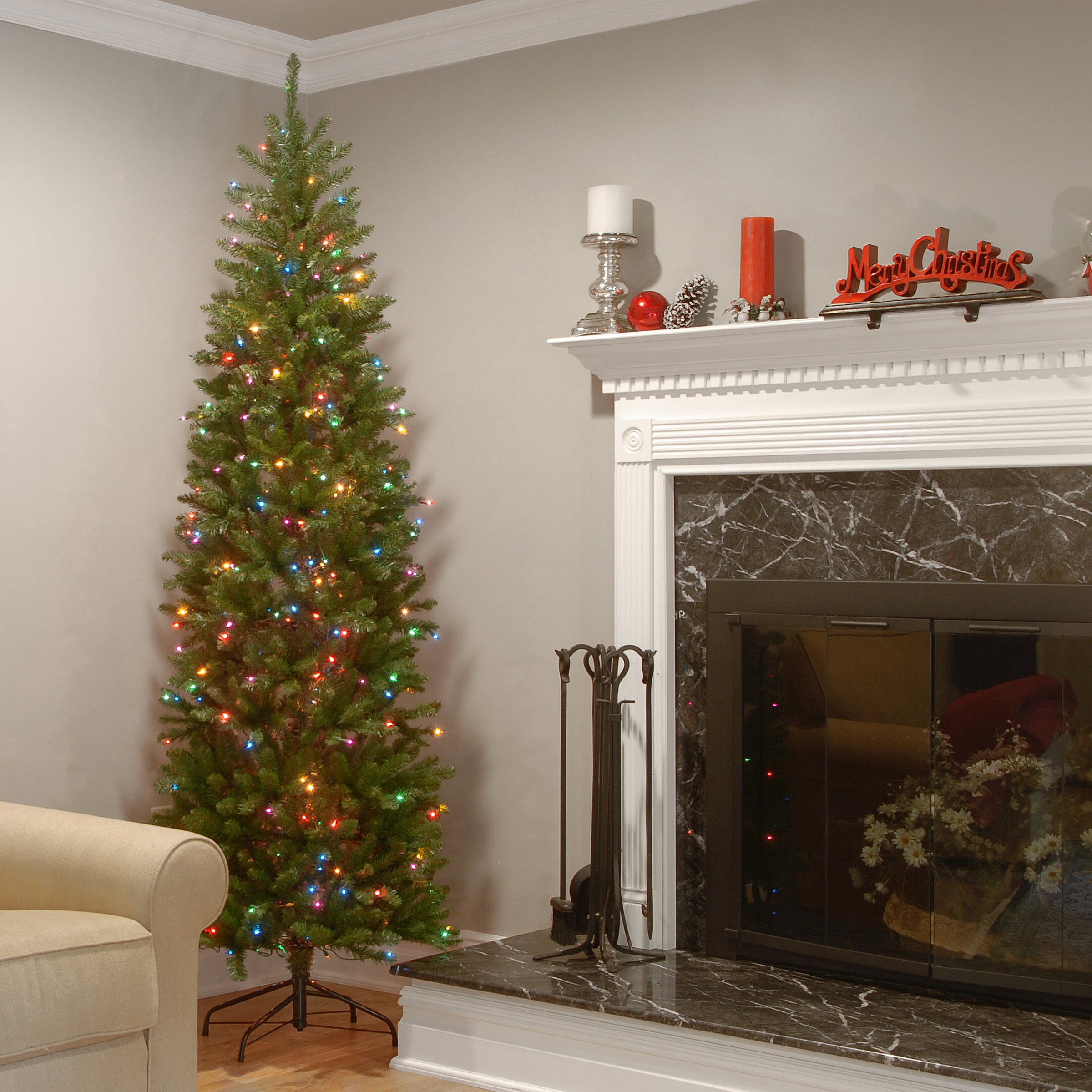 6.5 ft Pre-Lit Kingswood Fir Pencil Christmas Tree with 300 Multicolor LED Lights - Perfect for Small Spaces, Apartments & Holiday Decorations