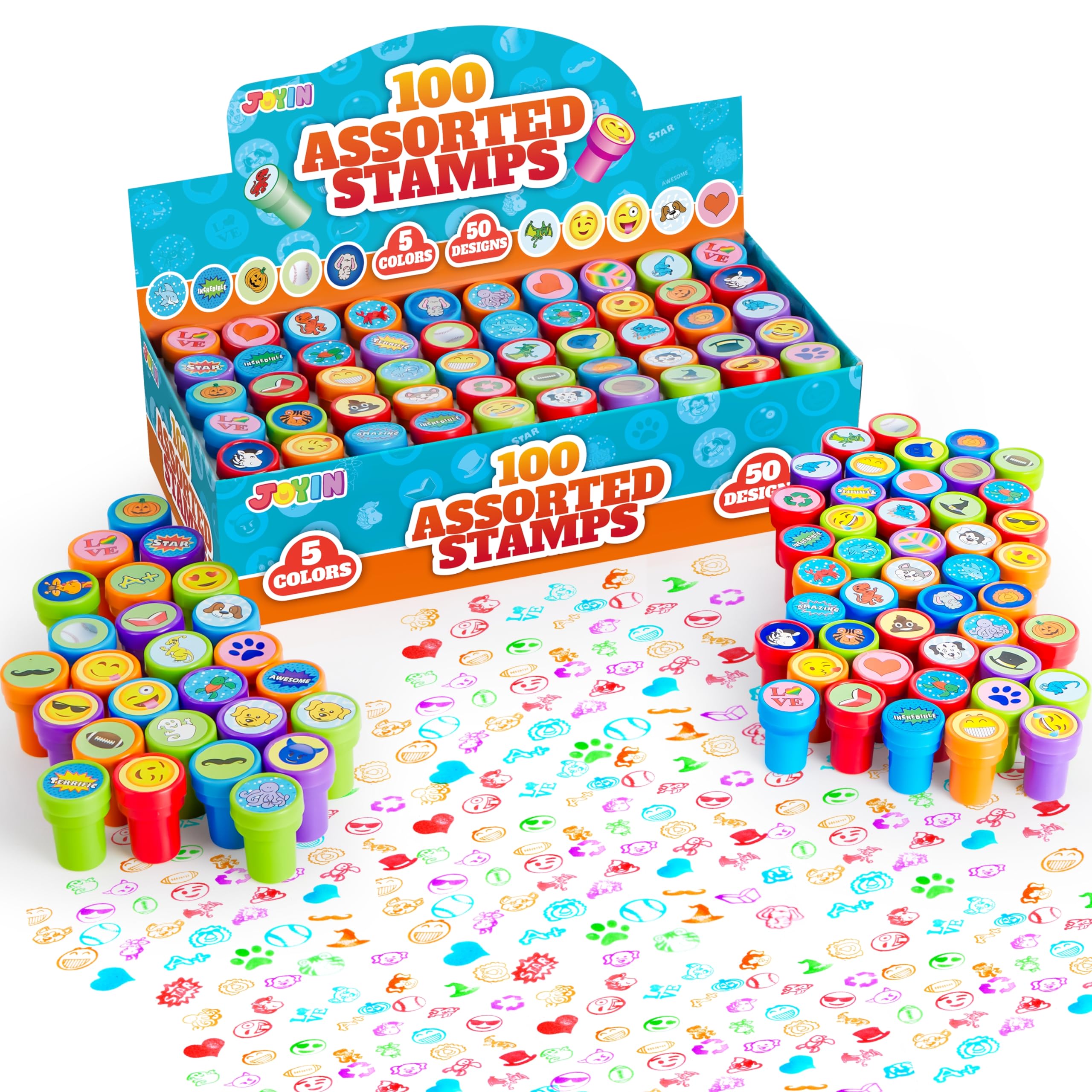JOYIN 100PCS Assorted Self-Inking Stamps for Kids - 50 Fun Designs Including Dinosaurs & Halloween - Perfect for Party Favors, Classroom Rewards, Easter Egg Stuffers & Teacher Supplies - Great for Arts & Crafts, Scrapbooking & Kids' Treasure Box Activities