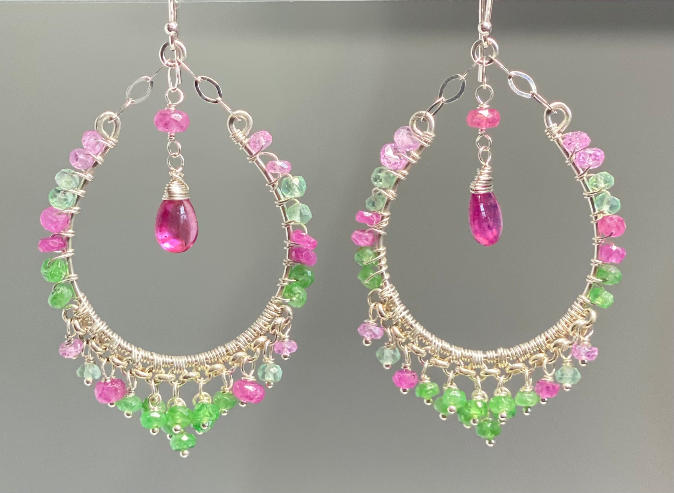 14K Sterling Silver Pink Sapphire & Tsavorite Gemstone Hoop Earrings for Women – Elegant Dangling Earrings for Parties, Weddings & Everyday Wear