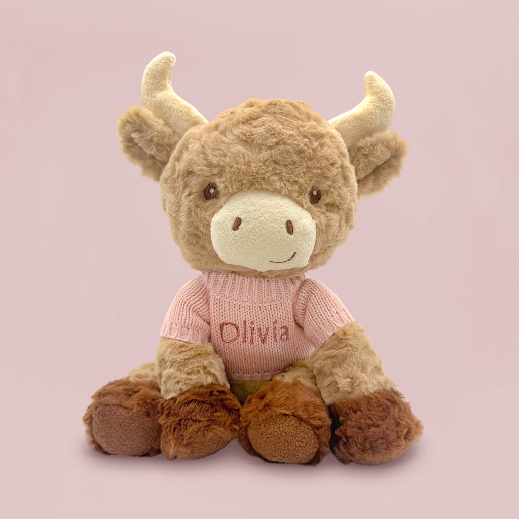 Personalized Pink Harriet Highland Cow Plush Toy - Cute Stuffed Animal Gift for Kids, Nursery Decor & Birthday Present