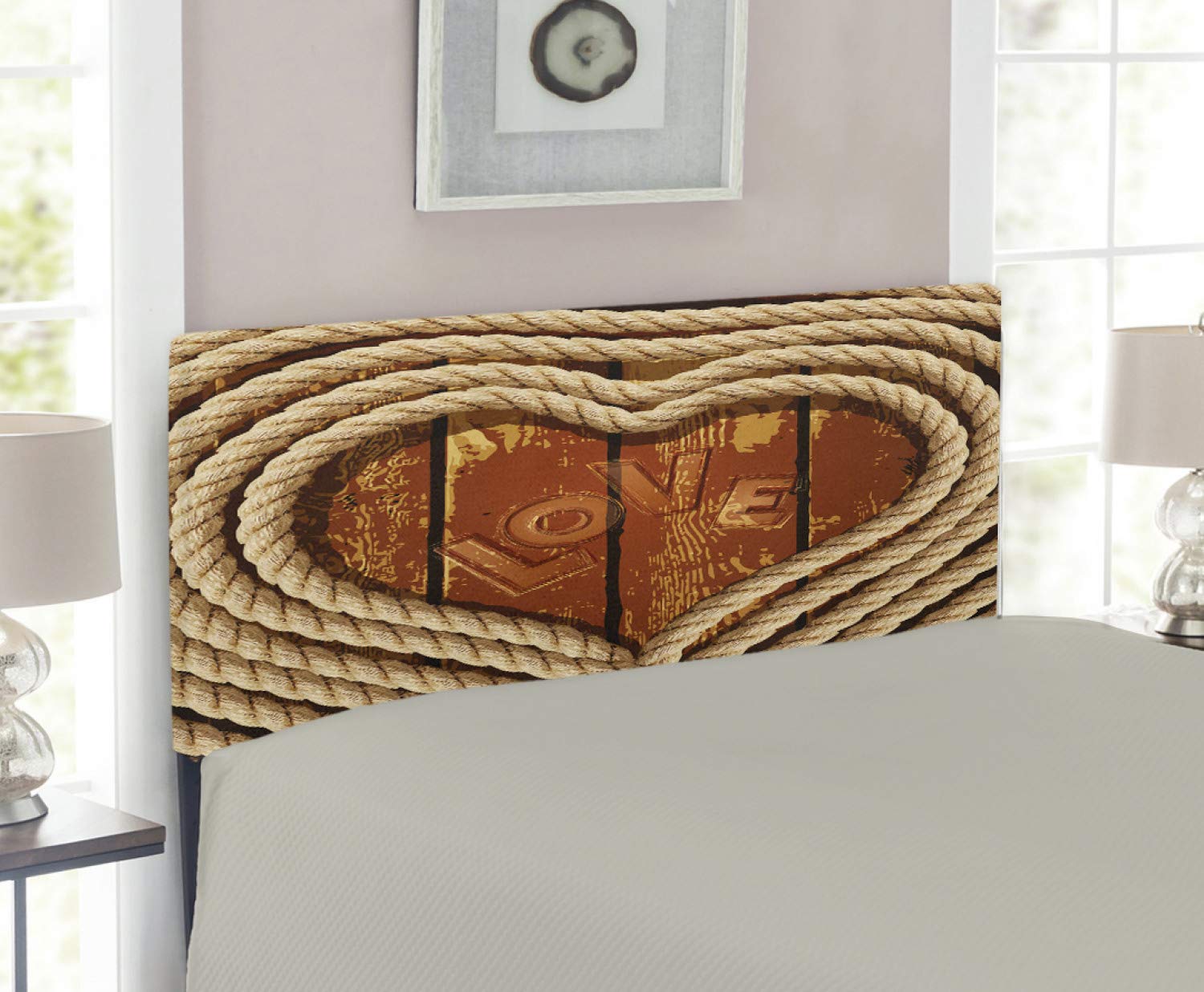 Lunarable Western Headboard - Romantic Heart Coiled Wooden Plank Design with Love Inscription, Upholstered Decorative Metal Bed Frame with Memory Foam (Twin Size, Brown) for Bedroom Decor & Cozy Home Styling