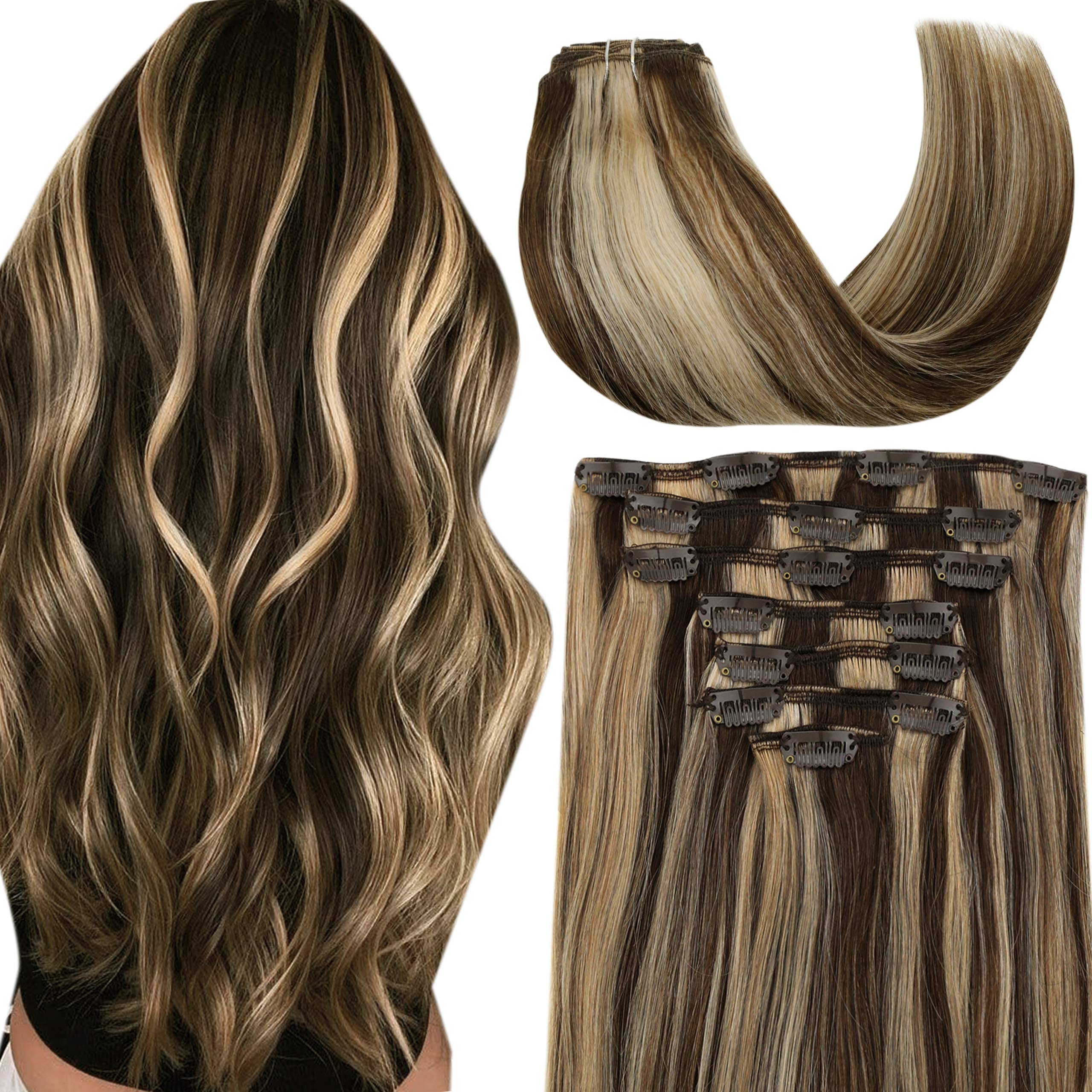 Hetto 14'' #4/27 Brown Highlights Blonde Human Hair Clip-In Extensions - Double Weft Thick Hairpieces for Curly & Straight Styles - Perfect for Parties, Weddings & Daily Styling