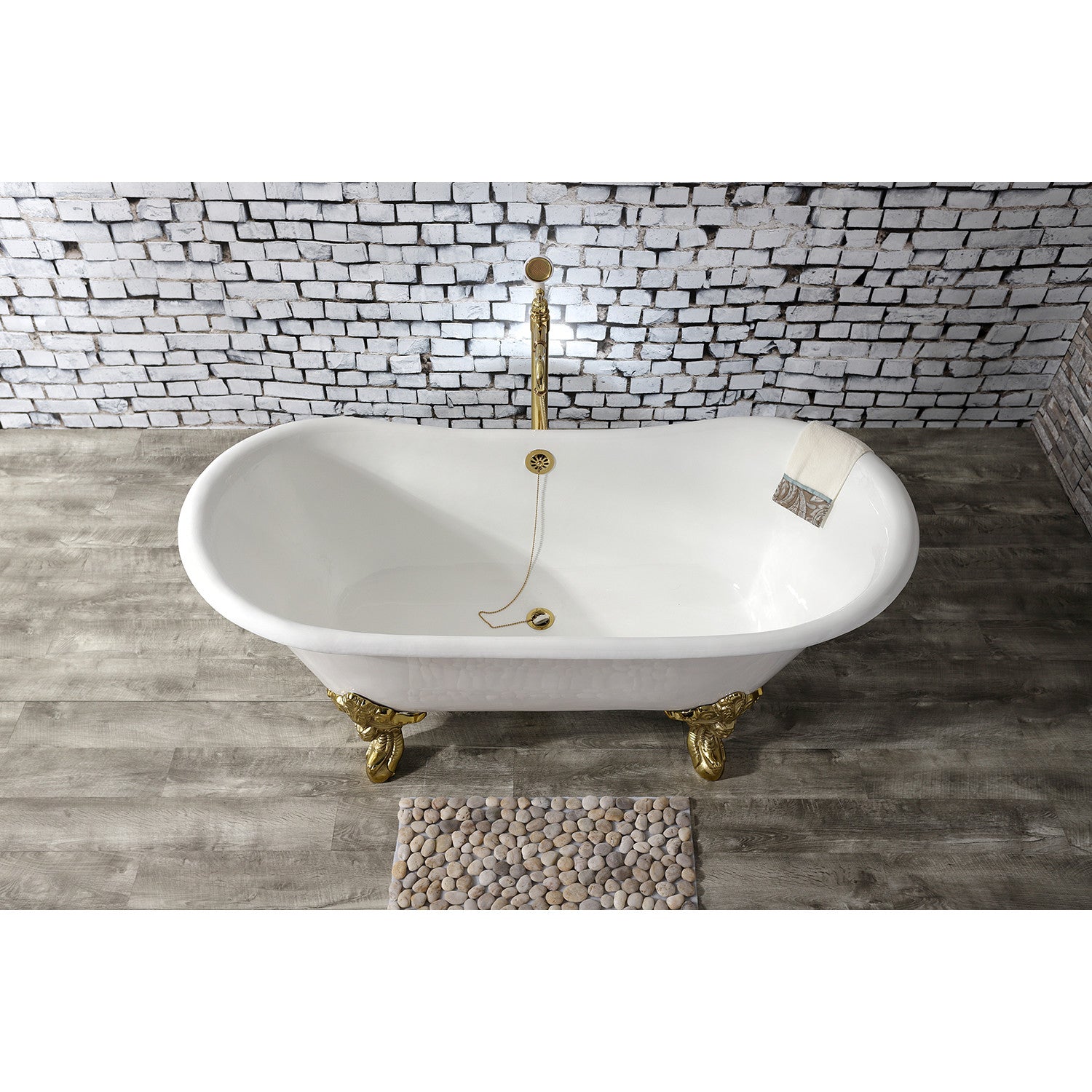Aqua Eden 67 Inch White Cast Iron Oval Double Slipper Clawfoot Bathtub - No Faucet Drillings, Polished Brass Finish | Vintage Freestanding Soaking Tub for Luxury Bathroom & Spa Retreat