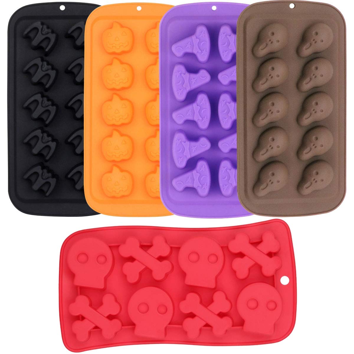 5Pcs Halloween Silicone Chocolate Molds Set - Bat, Pumpkin, Witch Hat, Ghost & Skull Shapes for Candy, Jello, Soap, Wax, Crayon Melts - Perfect for Halloween Party Favors, DIY Crafts & Home Decorations