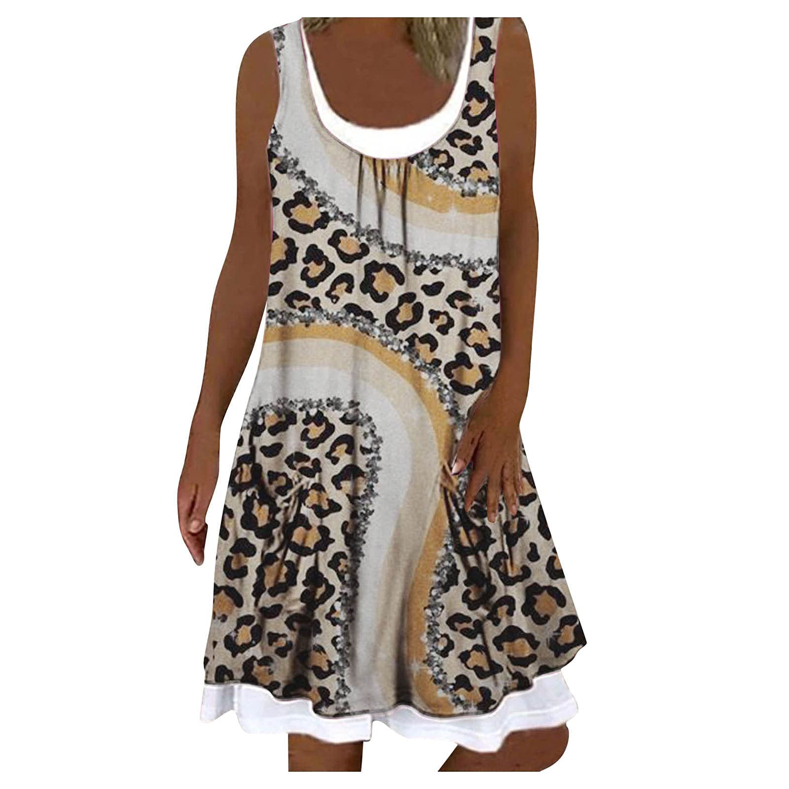 Women's Sleeveless Sundress - Casual Summer Leopard & Floral Print Mini Swing Dress with Round Neck | Perfect for Beach Vacations, Pool Parties, and Summer Outings
