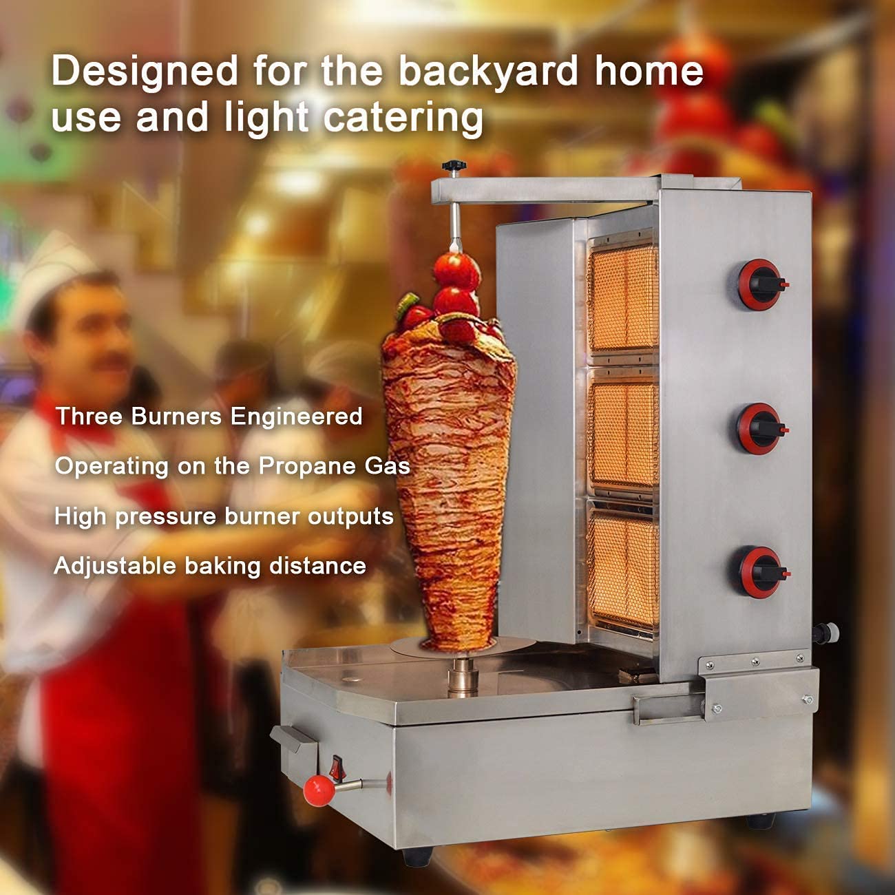 3 Burner Shawarma Machine - Automatic Rotating Kebab Grill for Gyro, Chicken & Meat - Propane Roaster for Restaurants, Kitchens & Outdoor Cooking