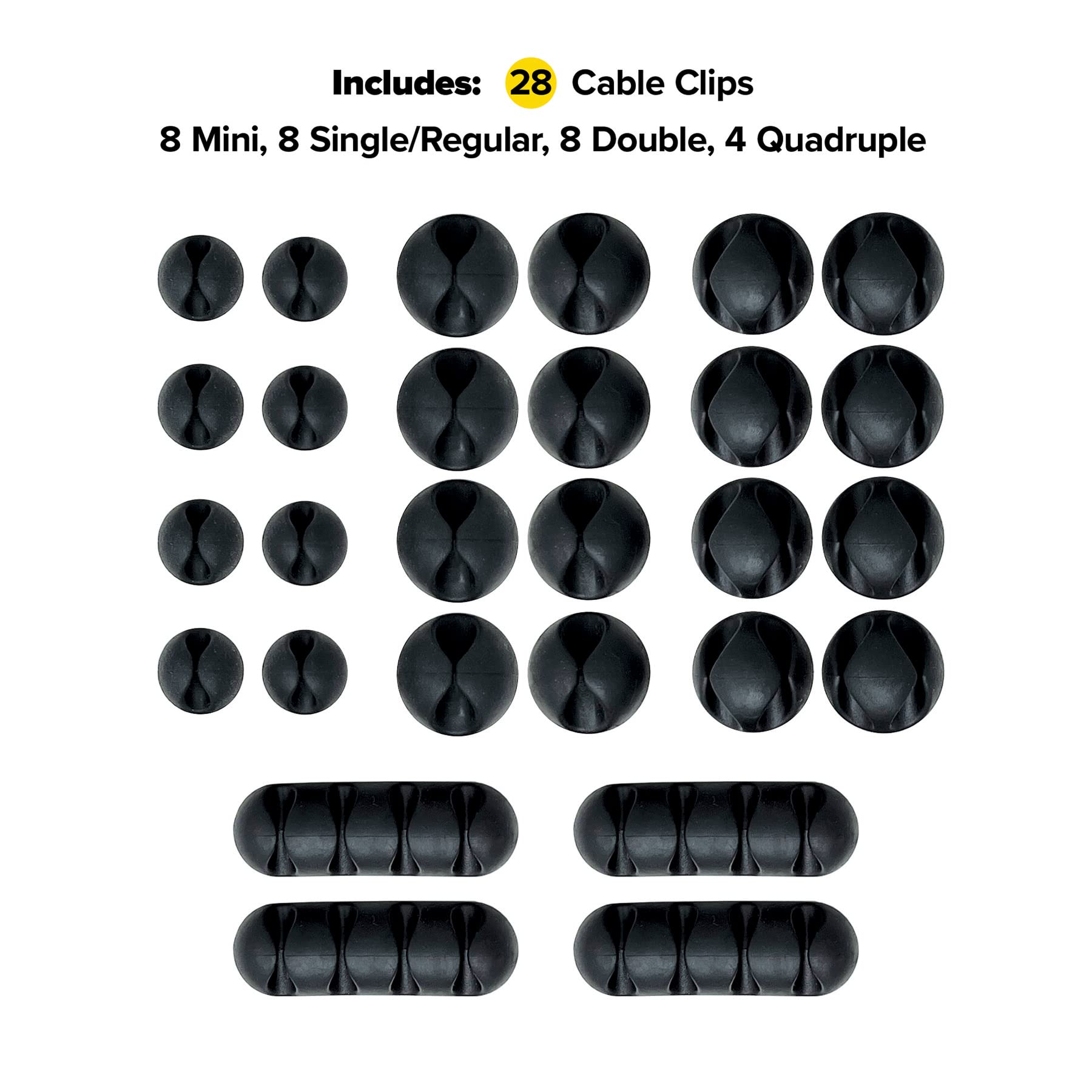 Wrap-It Storage Cable Clips 28-Pack (Black) - Cord Organizer for Desk, Nightstand & Bedside Table - Cable Management for Phones, Chargers & Electronics - Perfect for Home & Office Organization