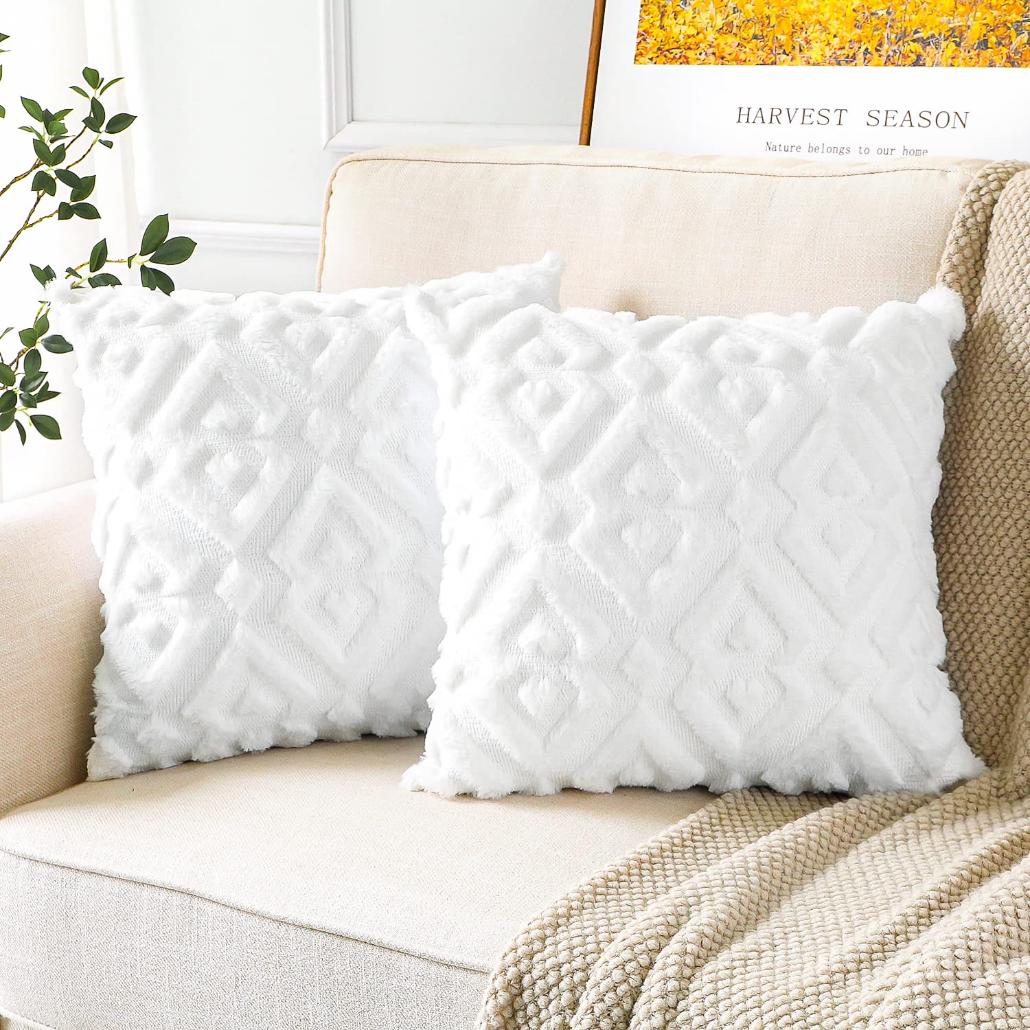 Artscope 2-Pack Soft Plush Short Wool Velvet Decorative Throw Pillow Covers - Luxury European Style Cushion Covers for Sofa & Bedroom - Diamond Shape Pure White 22x22 Inch - Perfect for Home Decor, Living Room Accent & Cozy Bedroom Styling